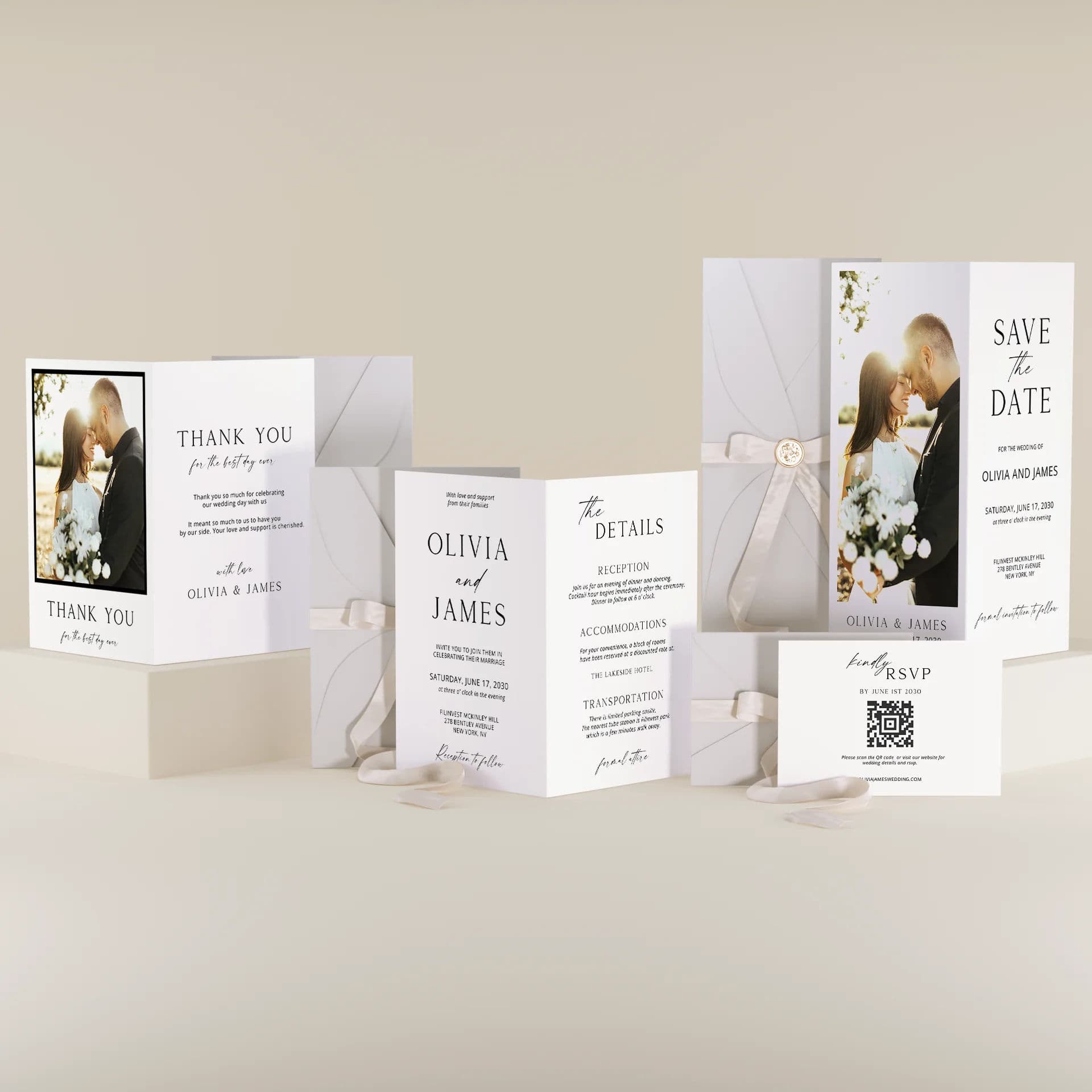Minimalist wedding stationery bundle laid out on a white background – invite, details, RSVP, save the date and thank you card – editable printable templates, instant PDF download.