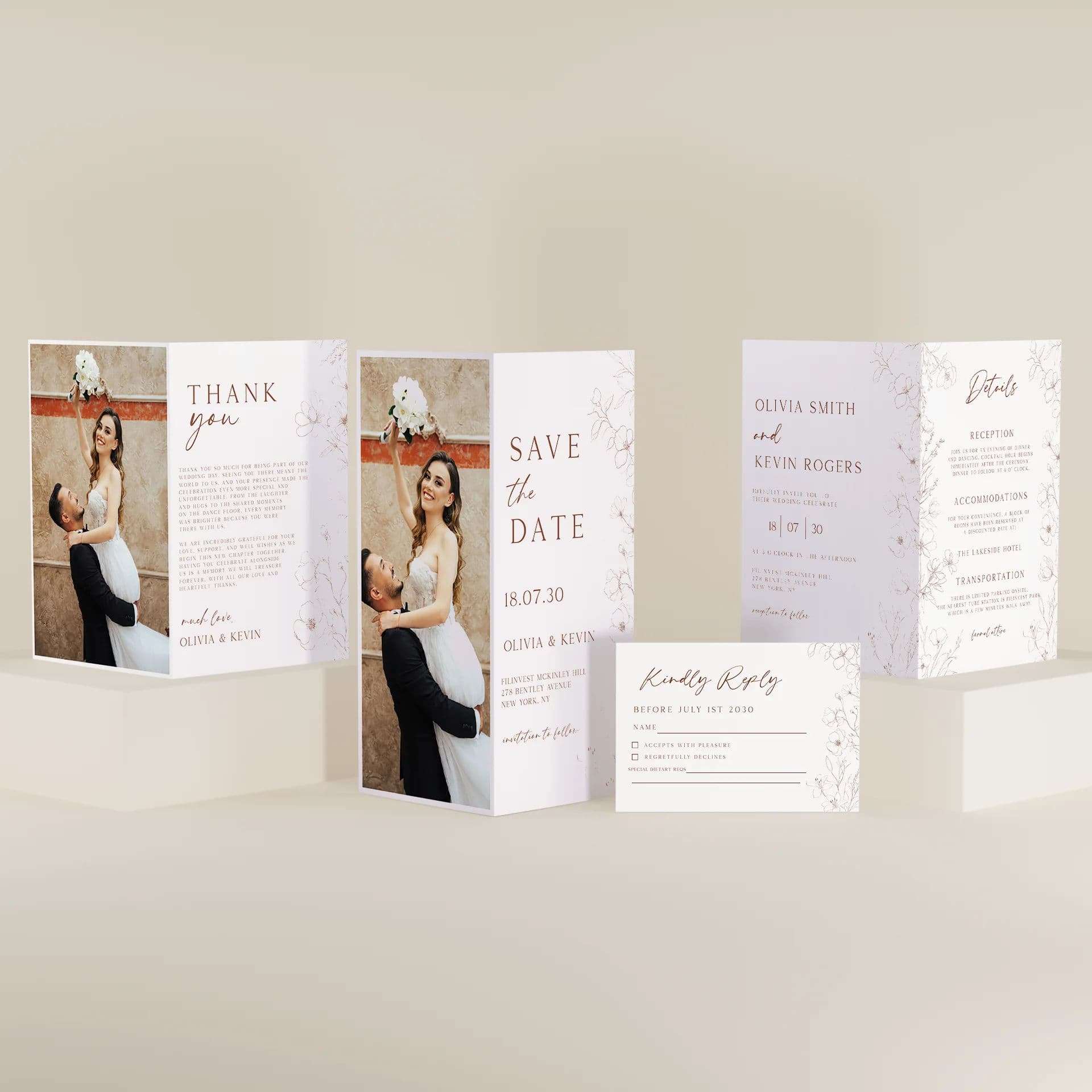 Posy printable wedding templates in white showing neutral botanical artwork on invitation, details, RSVP, save the date, and thank you card