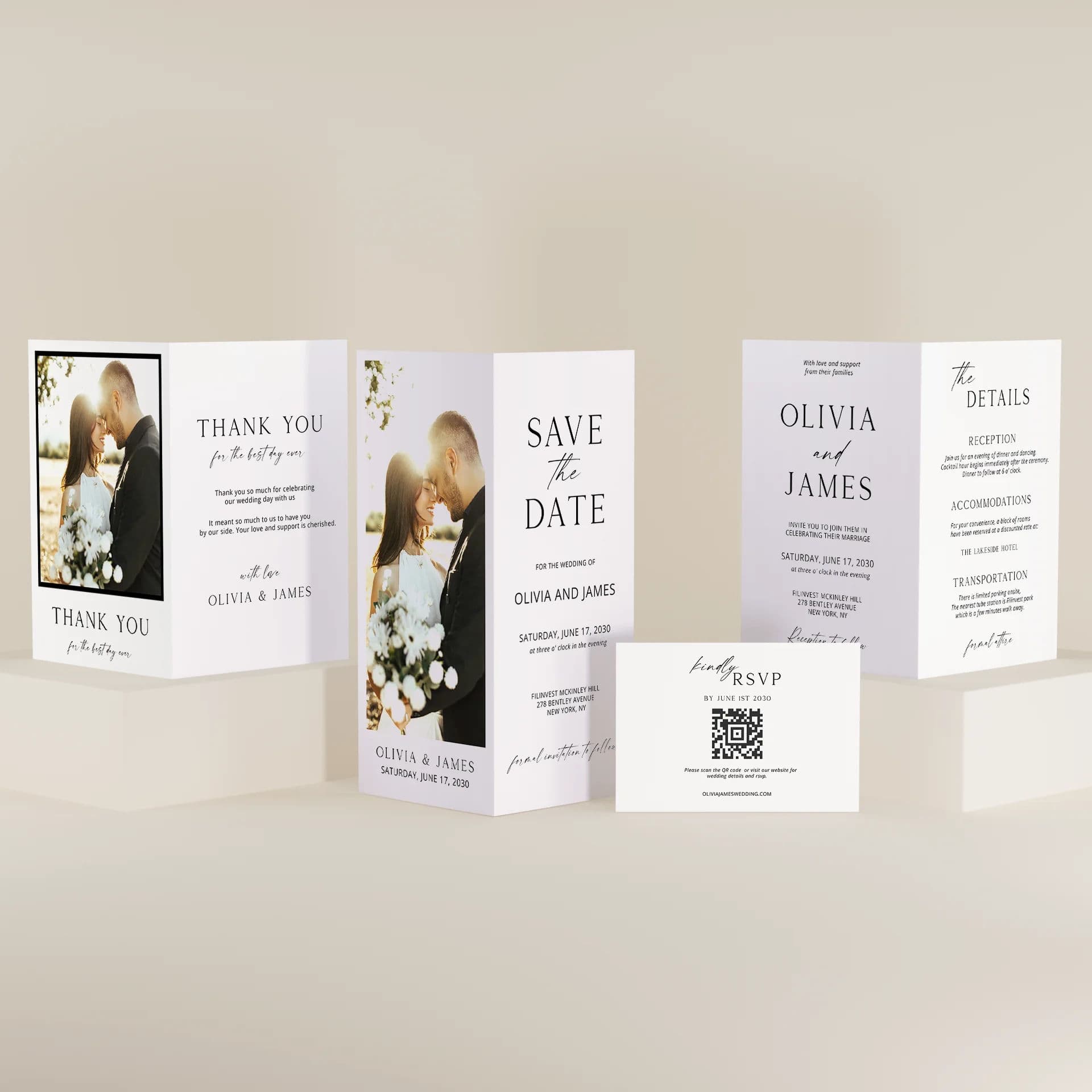 Minimalist wedding stationery bundle laid out on a white background – invite, details, RSVP, save the date and thank you card – editable printable templates, instant PDF download.