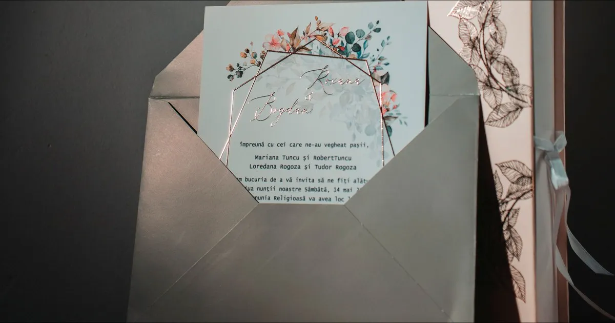 Sage green wedding invitation with a rose gold geometric frame and watercolour florals, tucked into a matching envelope beside a foil-stamped keepsake box, an example of a complete wedding invitation suite