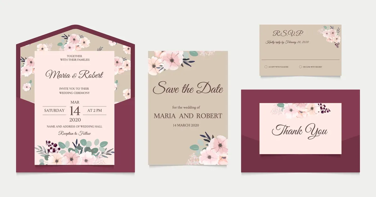 Floral wedding invitation suite with a save the date card, RSVP card, and lined envelope