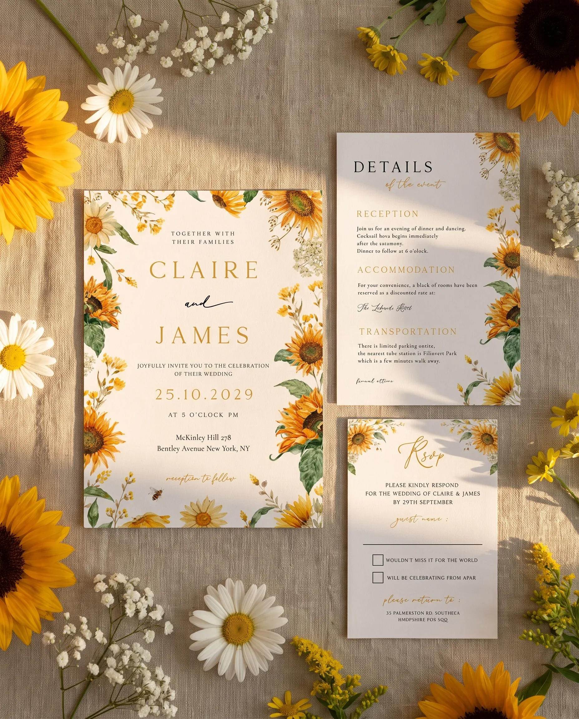 Honeyfield wedding invitation suite — invitation, details card and RSVP shown in a flat lay, wedding invitation templates