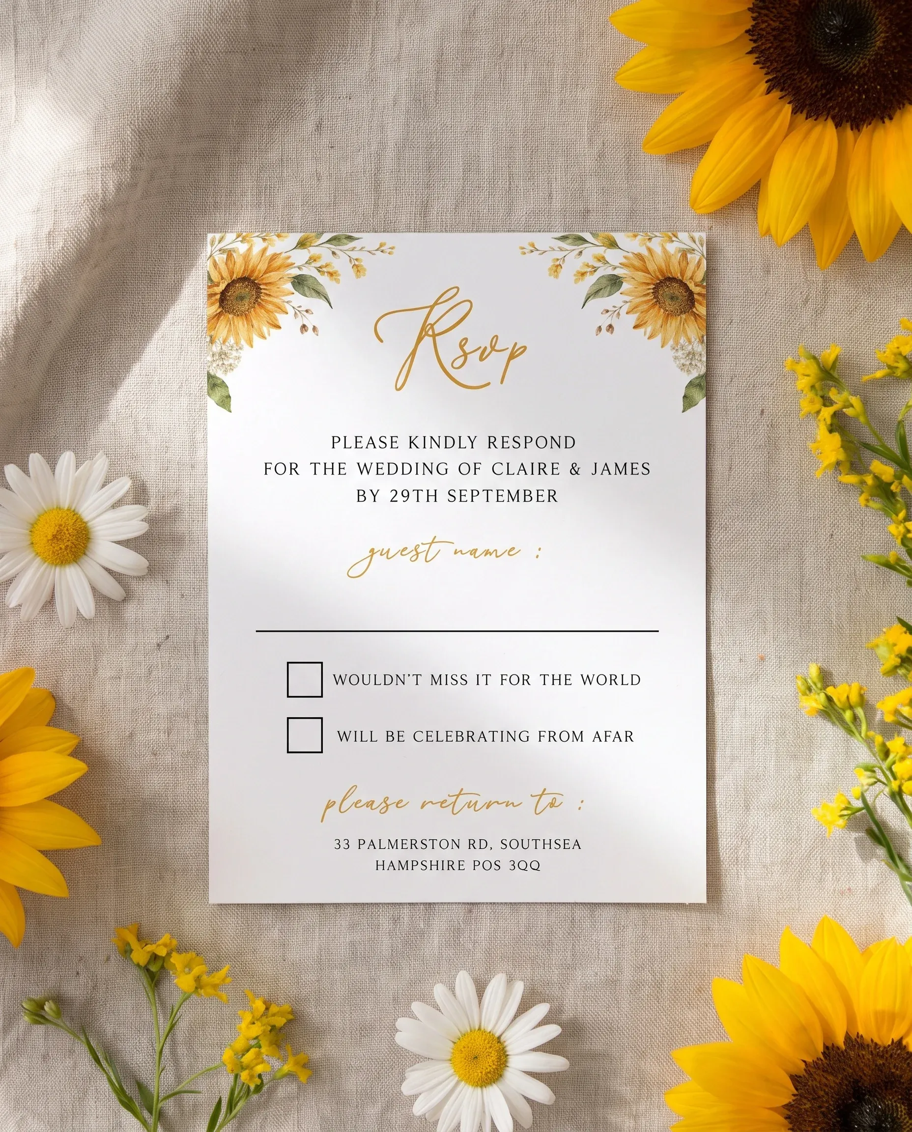 Honeyfield wedding invitation suite — RSVP card shown in a flat lay with soft overhead natural light, wedding RSVP cards.