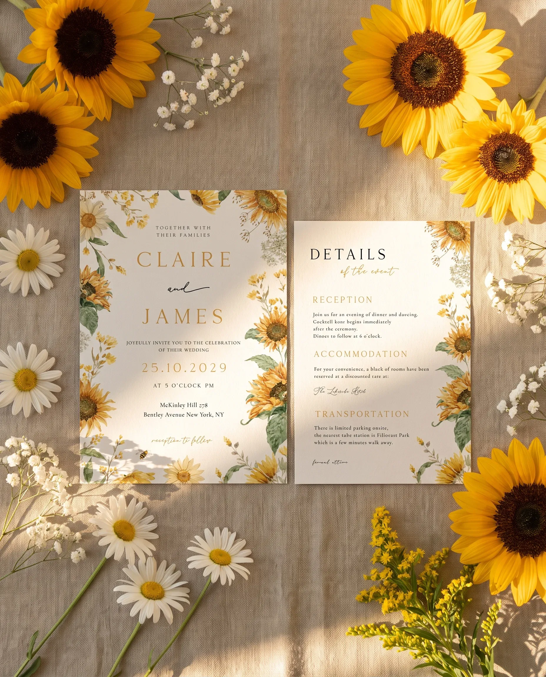 Honeyfield wedding invitation suite — invitation and details card arranged in a flat lay under soft natural light, wedding details card