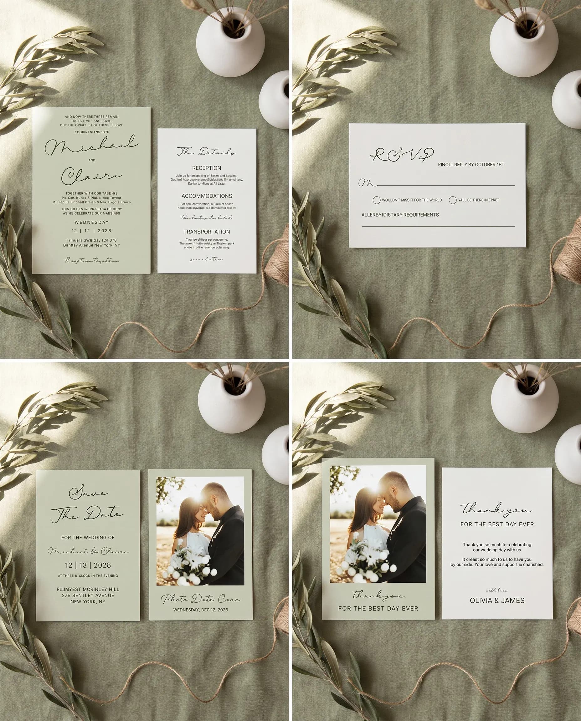 Manor Etching wedding invitation set — invitation, details card, RSVP, save the date and thank you card, flat lay, wedding invitation suite.