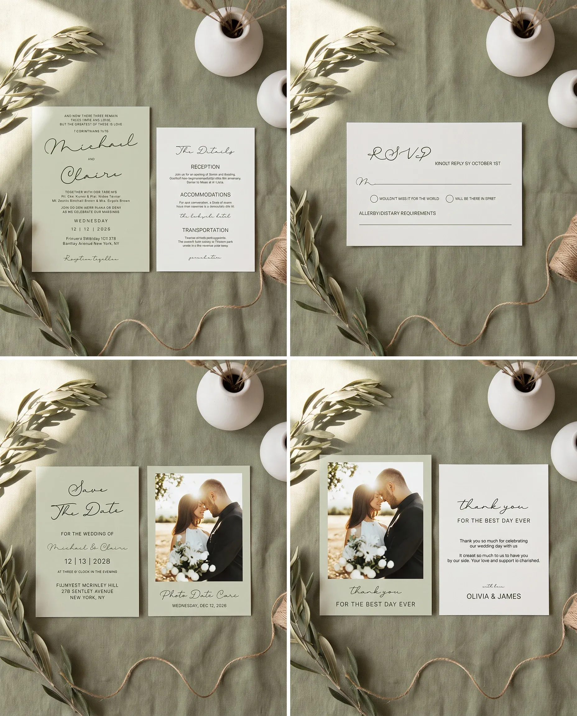 Manor Etching wedding invitation set — invitation, details card, RSVP, save the date and thank you card, flat lay, wedding invitation suite.