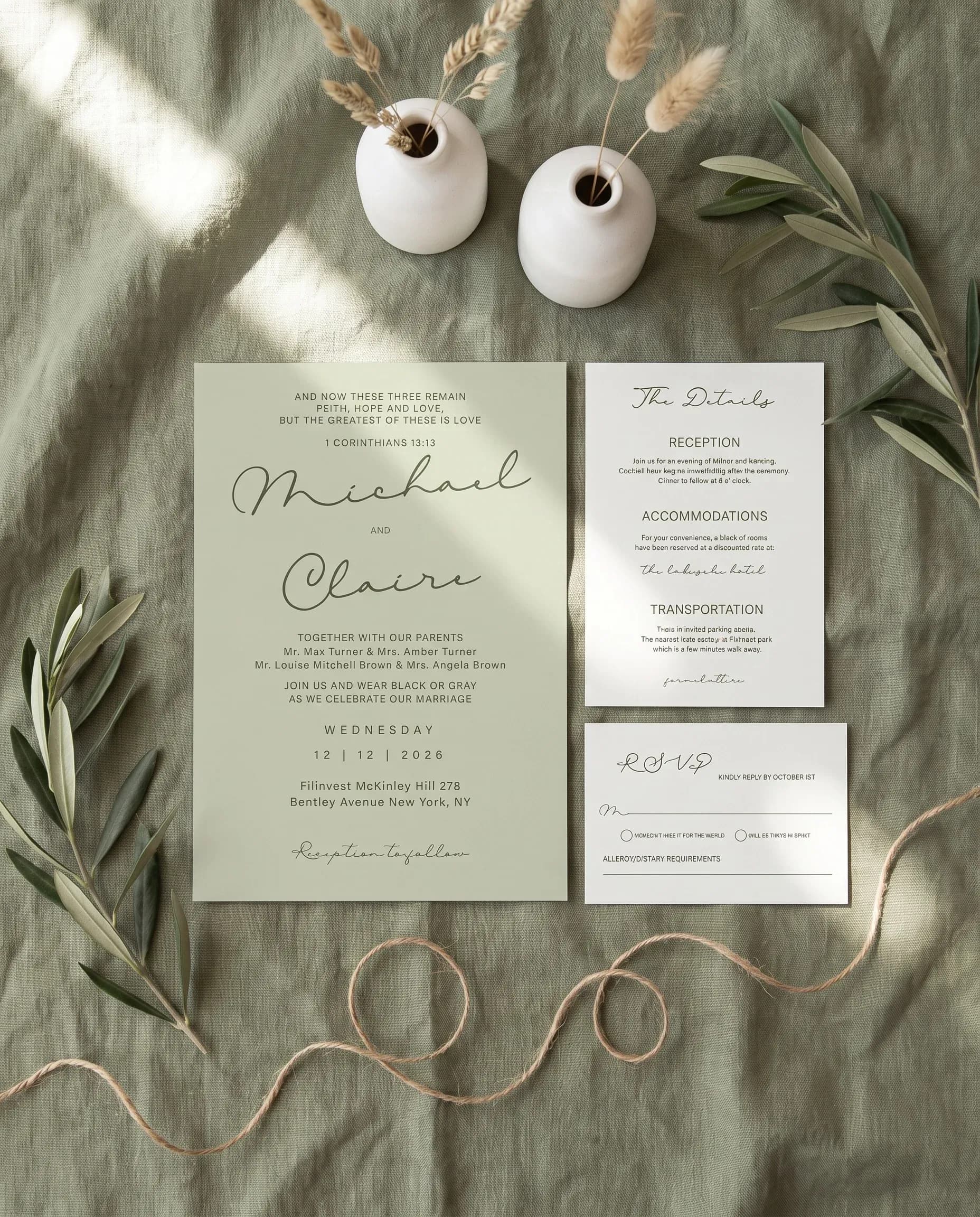 Manor Etching wedding invitation set — invitation, details card and RSVP arranged together in soft natural light, printable wedding invitations.