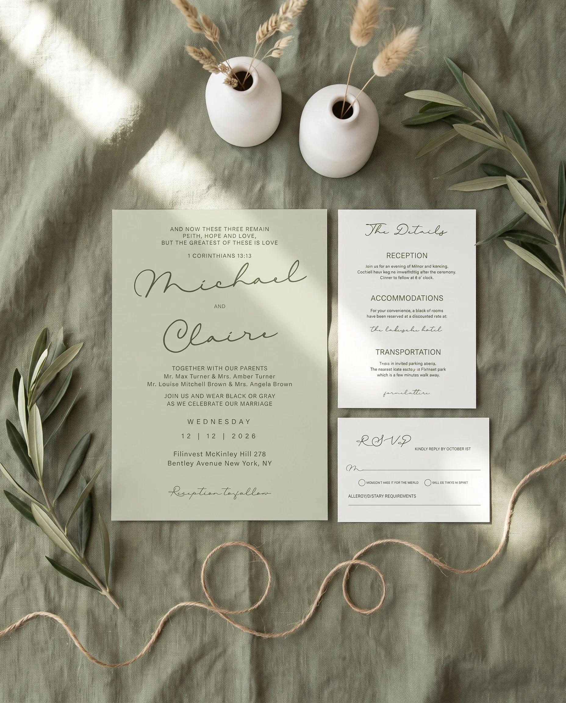 Manor Etching wedding invitation set — invitation, details card and RSVP arranged together in soft natural light, printable wedding invitations.