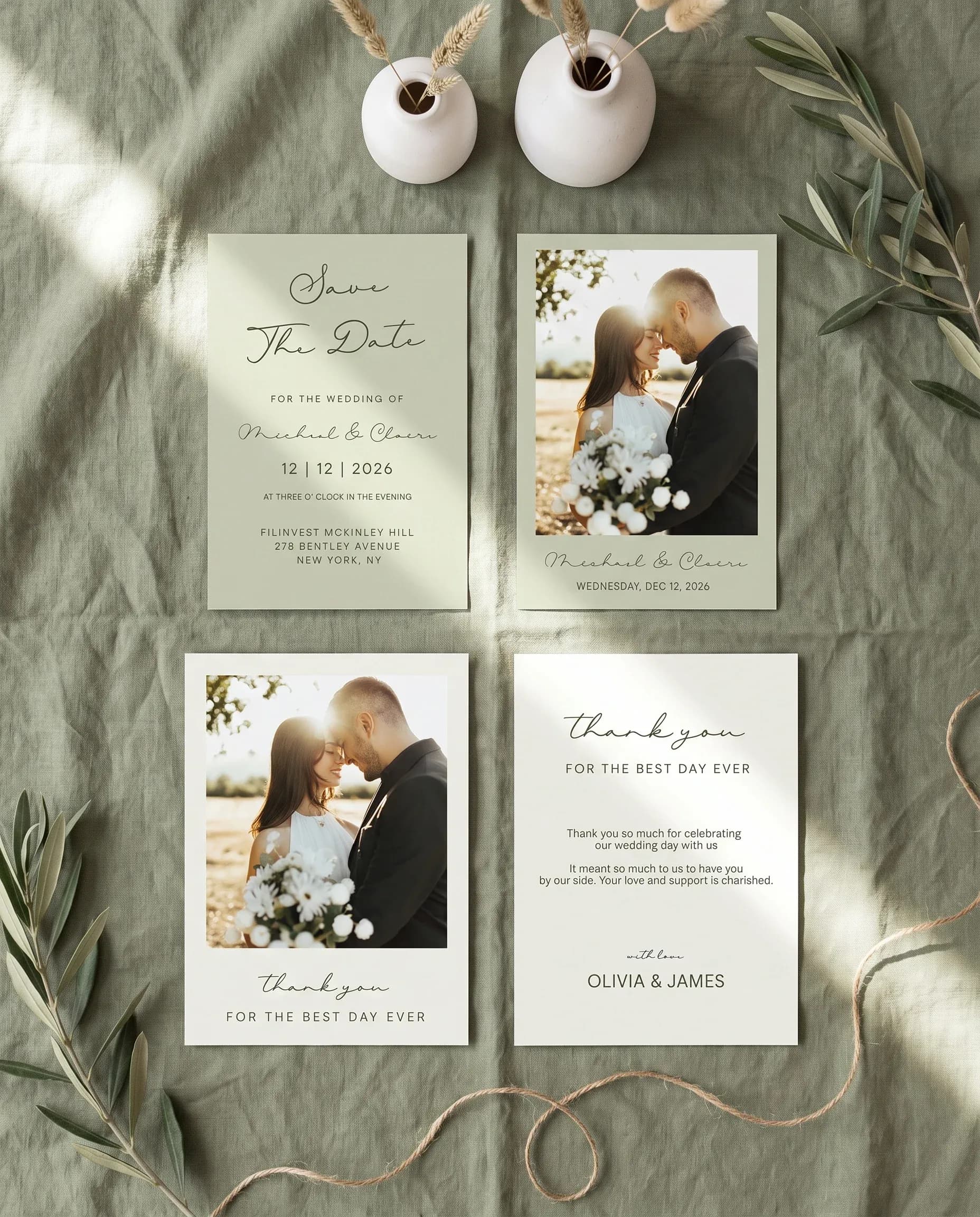 Manor Etching wedding invitation set — save the date and thank you card shown in a flat lay, wedding invitation templates.