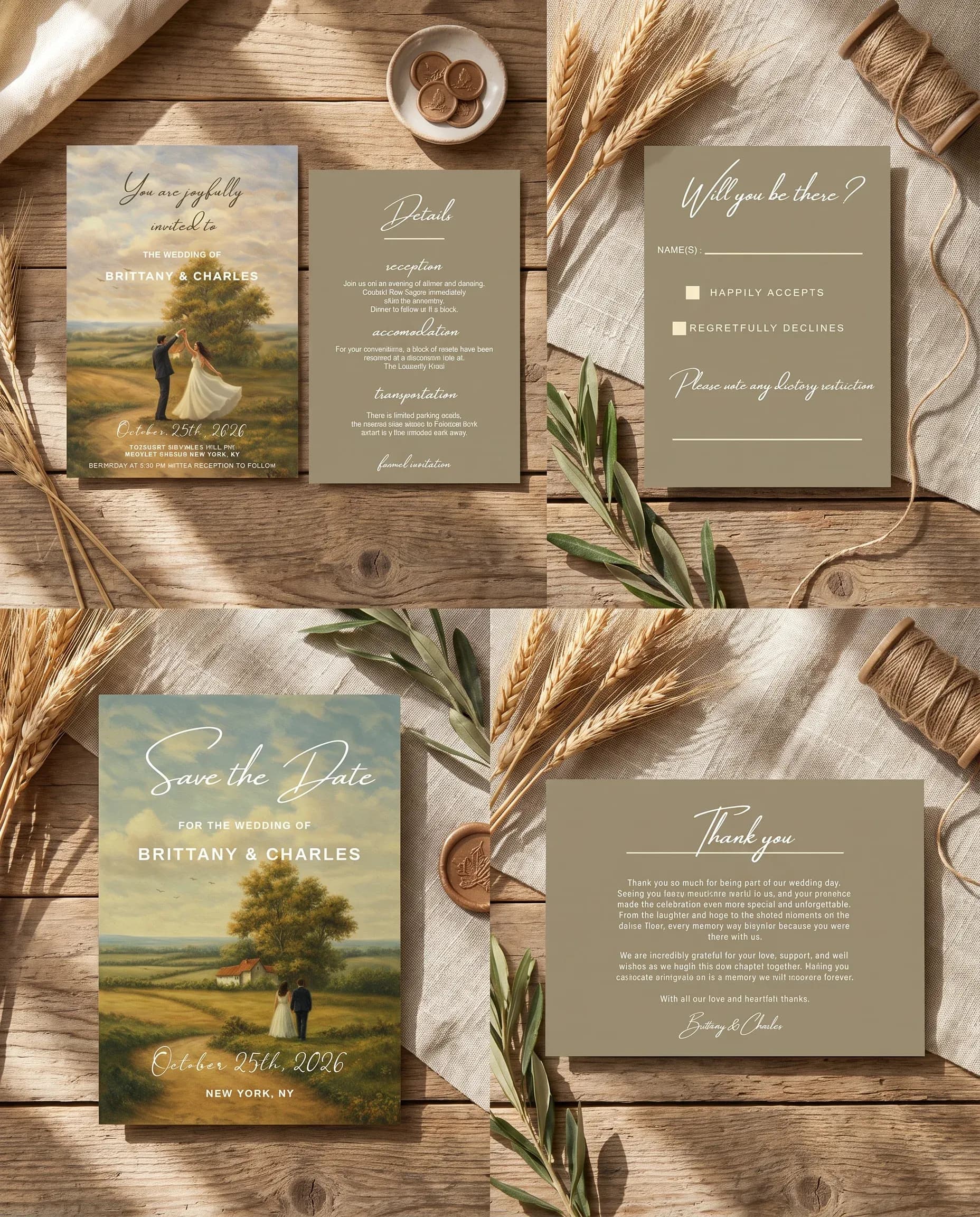 Golden Vale wedding invitation set — invitation, details card, RSVP, save the date, thank you card in a flat lay, wedding invitation suite