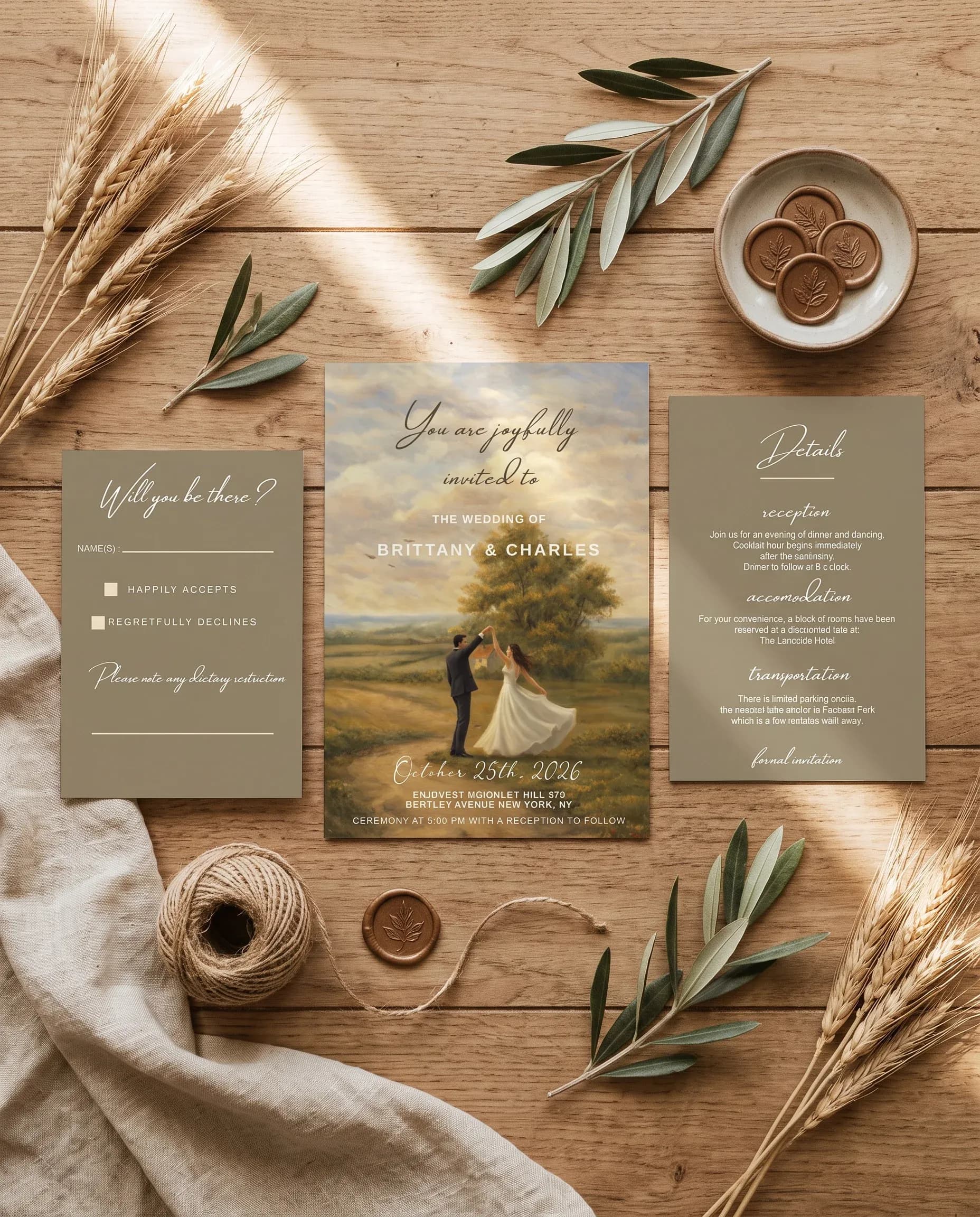 Golden Vale wedding invitation set — invitation, details card and RSVP shown in a flat lay, printable wedding invitations.