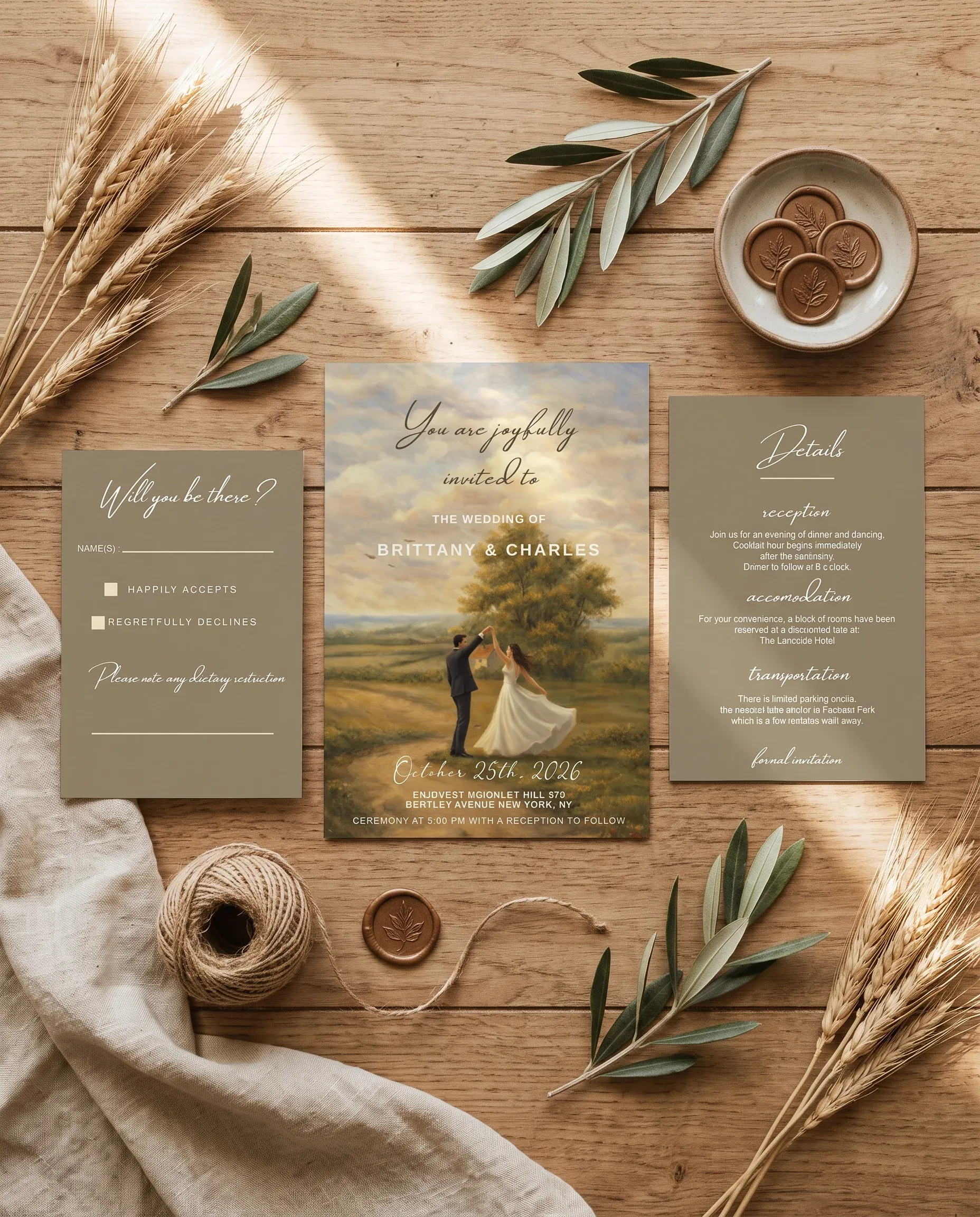 Golden Vale wedding invitation set — invitation, details card and RSVP shown in a flat lay, printable wedding invitations.