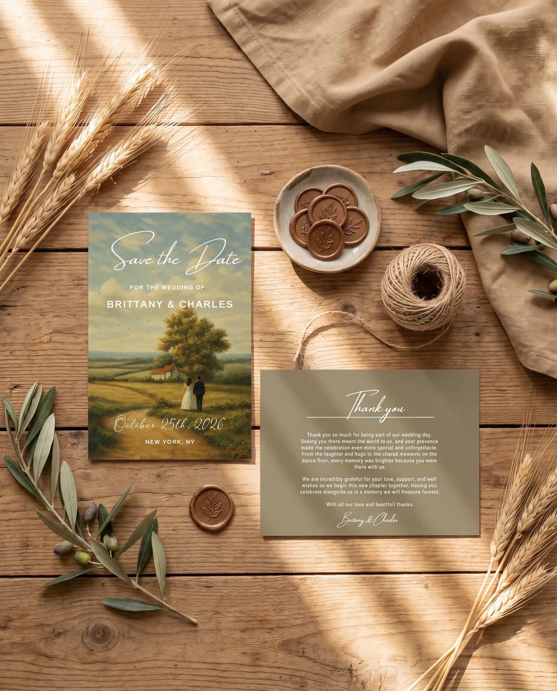 Golden Vale wedding invitation set — save the date and thank you card shown in a natural light flat lay, wedding invitation templates.