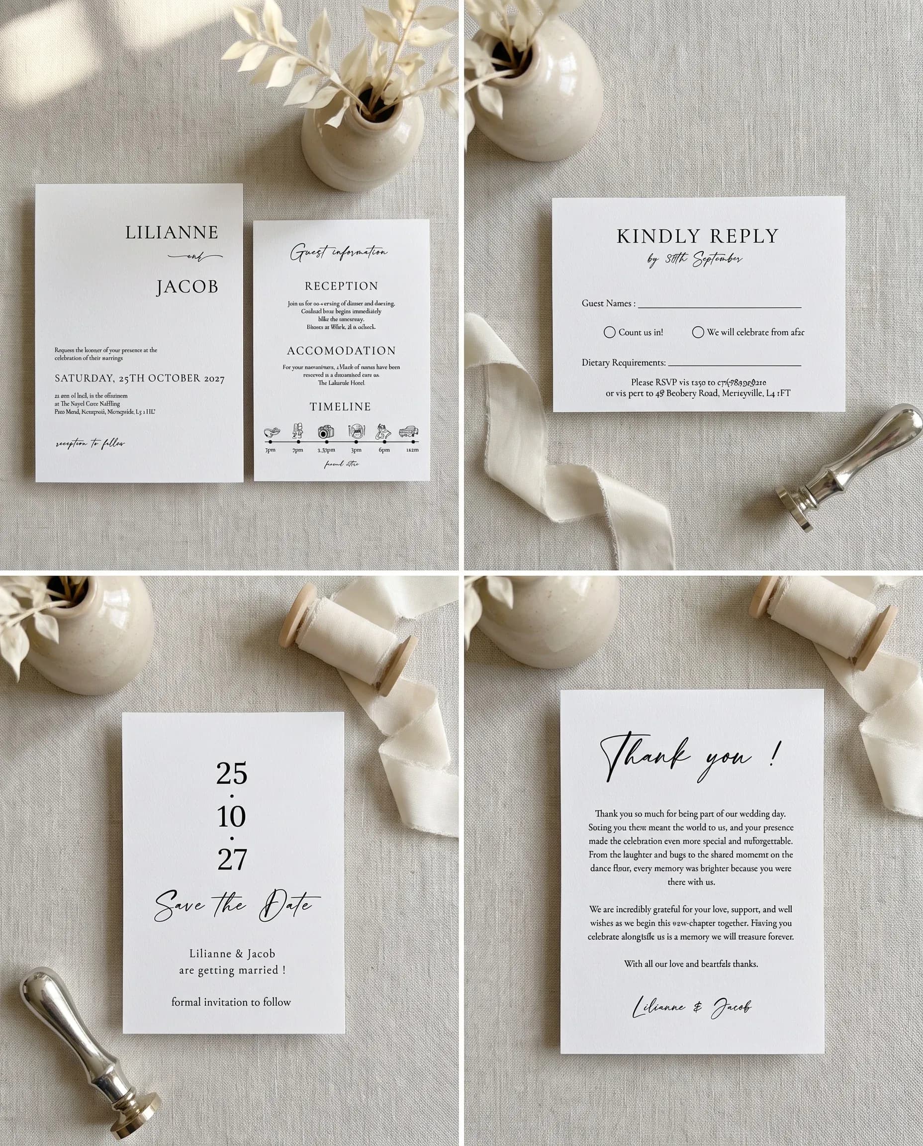 Tonal Reply wedding invitation set — five-piece Wedding Invitation, Details, RSVP, Save the Date, Thank You, printable wedding templates