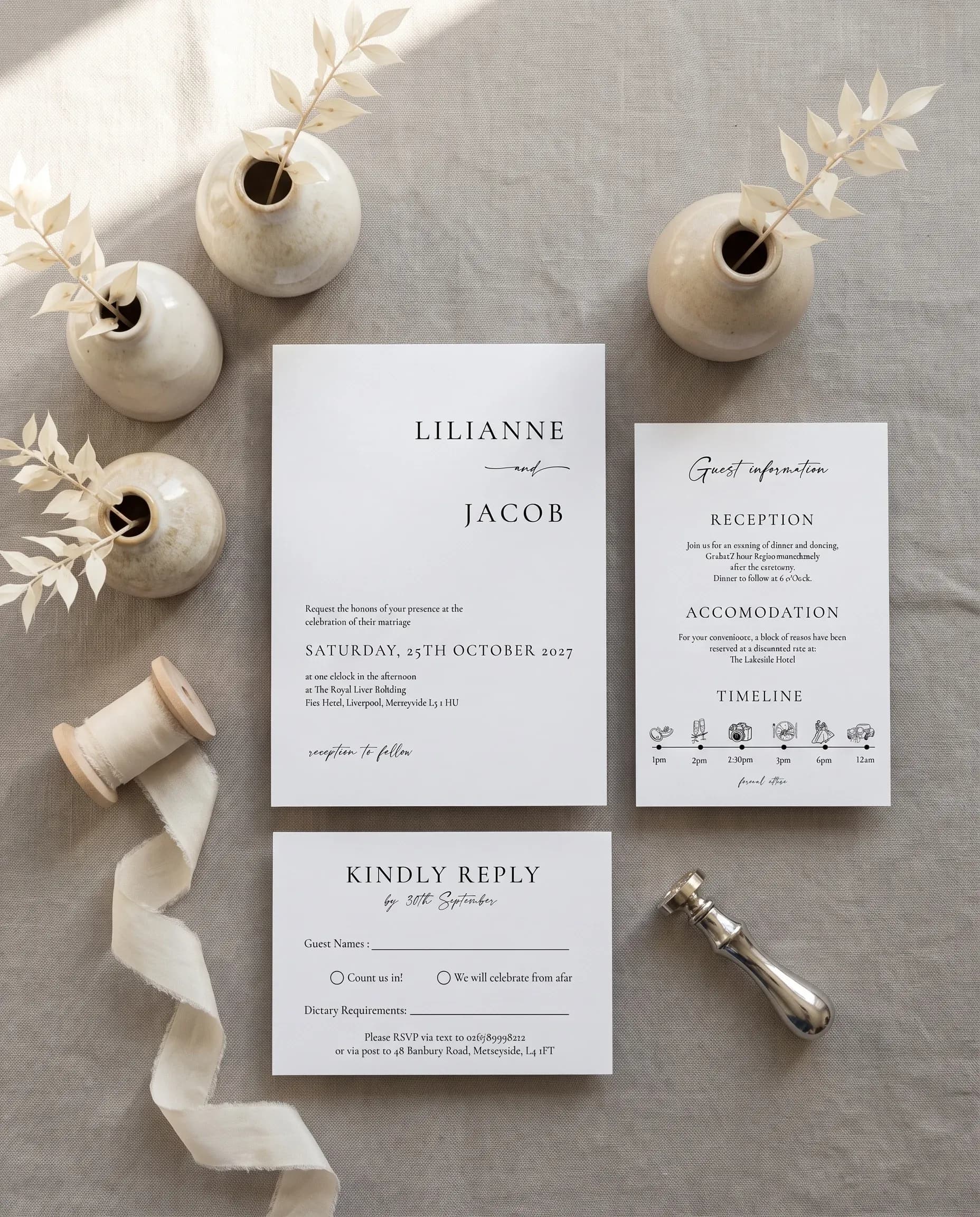 Tonal Reply wedding invitation set — invitation, details card, and RSVP card, printable wedding stationery template