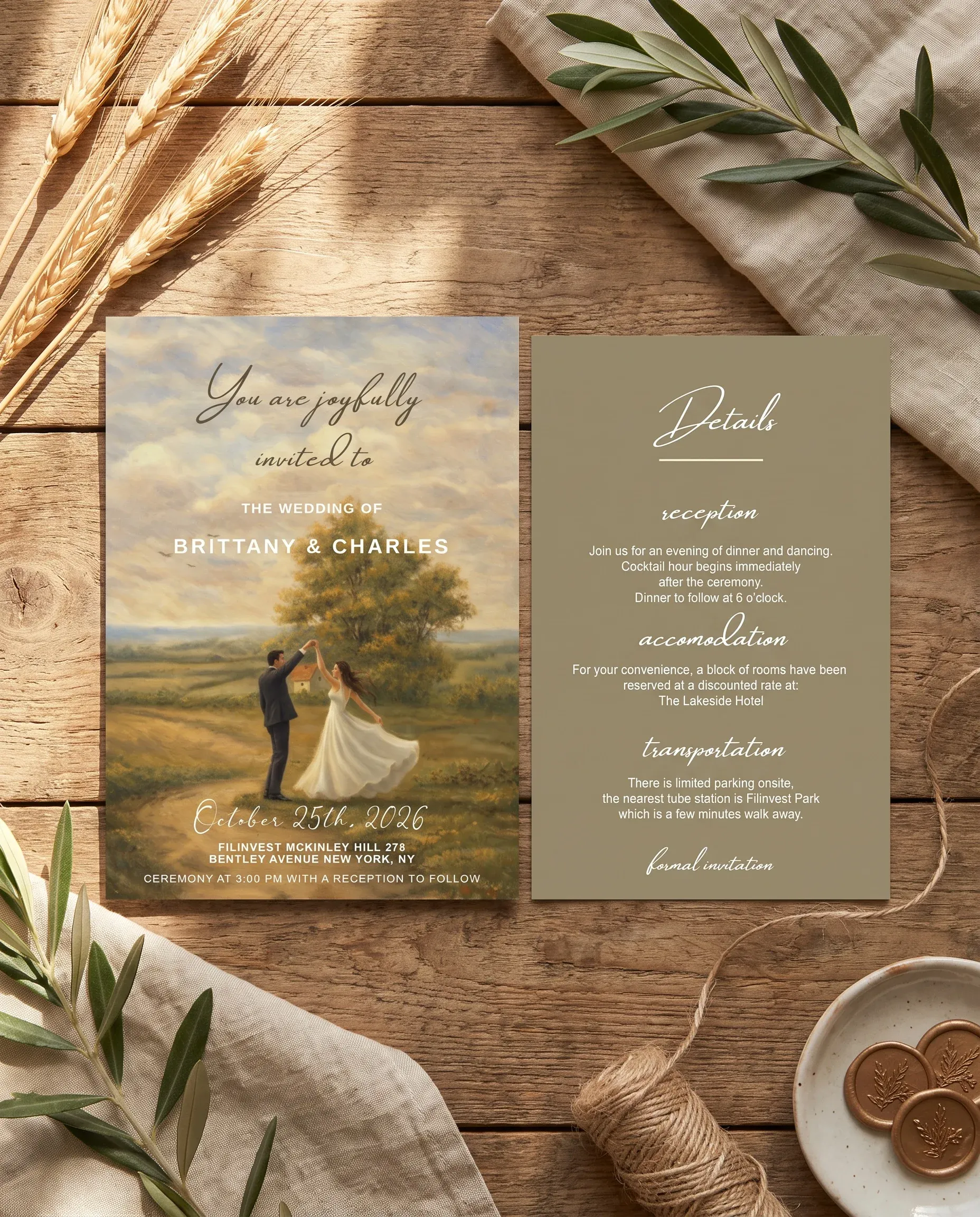Golden Vale wedding invitation suite — invitation and details card arranged together in a flat lay under soft light, wedding details card.