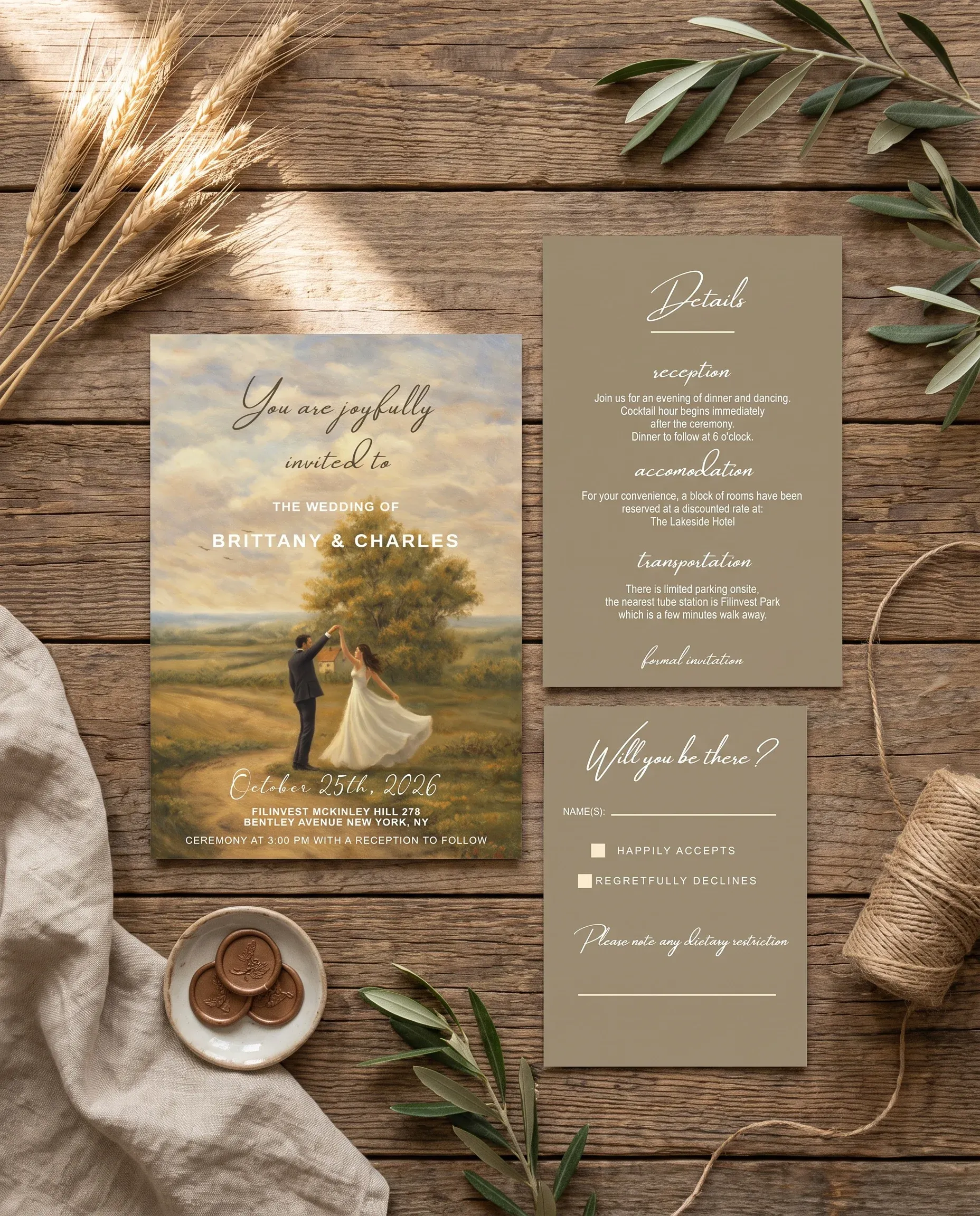 Golden Vale wedding invitation suite — invitation, details card and RSVP shown in a flat lay, wedding invitation templates.
