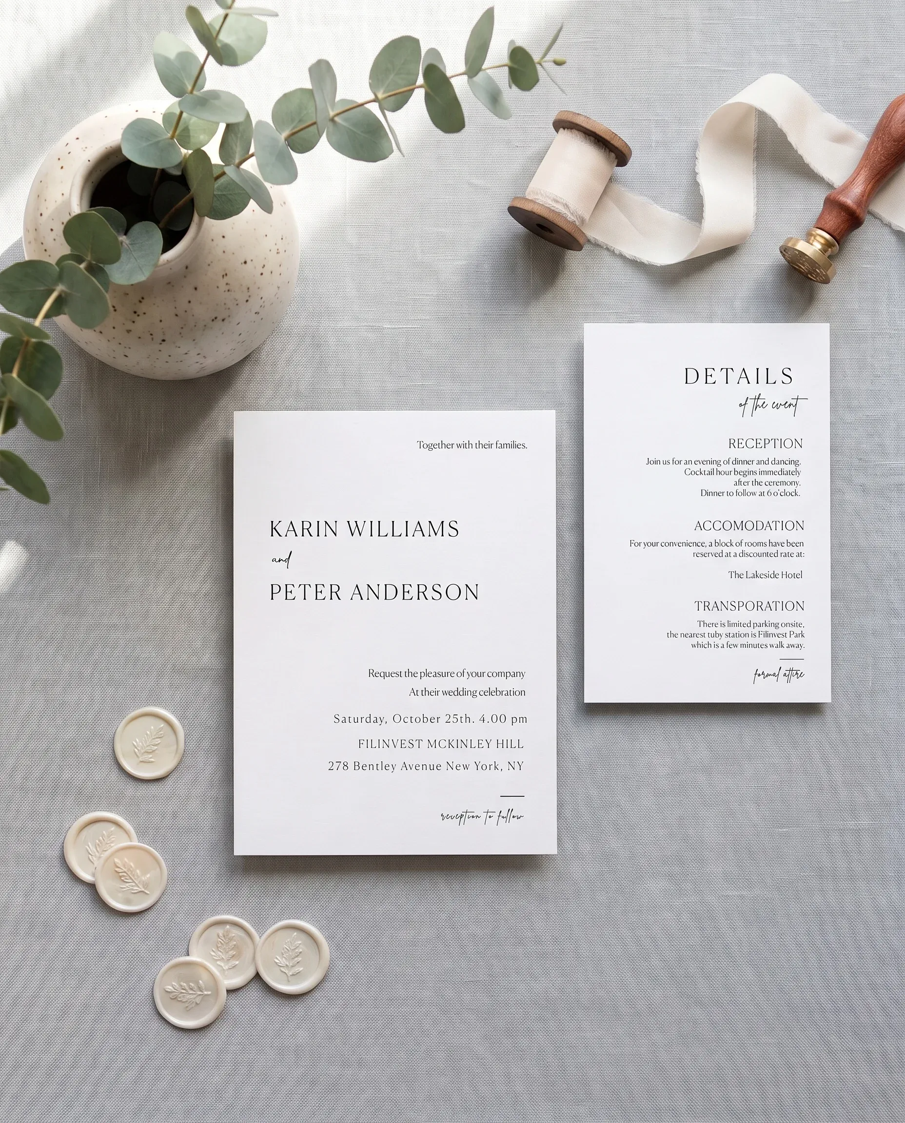 Contour wedding invitation suite — invitation and details card shown in a flat lay on premium editorial paper, wedding details card.