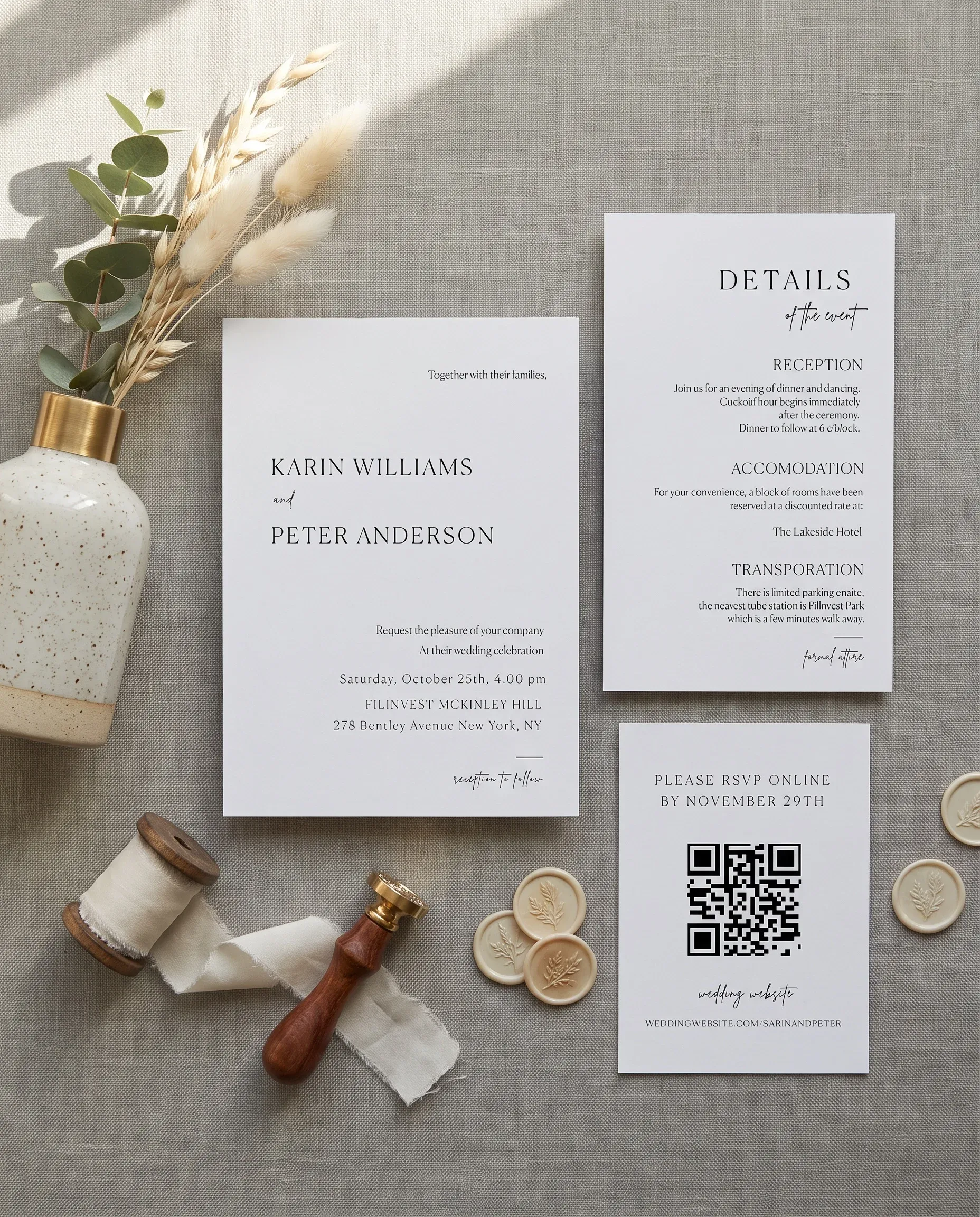 Contour wedding invitation suite — invitation, details card and RSVP shown in a flat lay on premium editorial paper, wedding invitation templates.