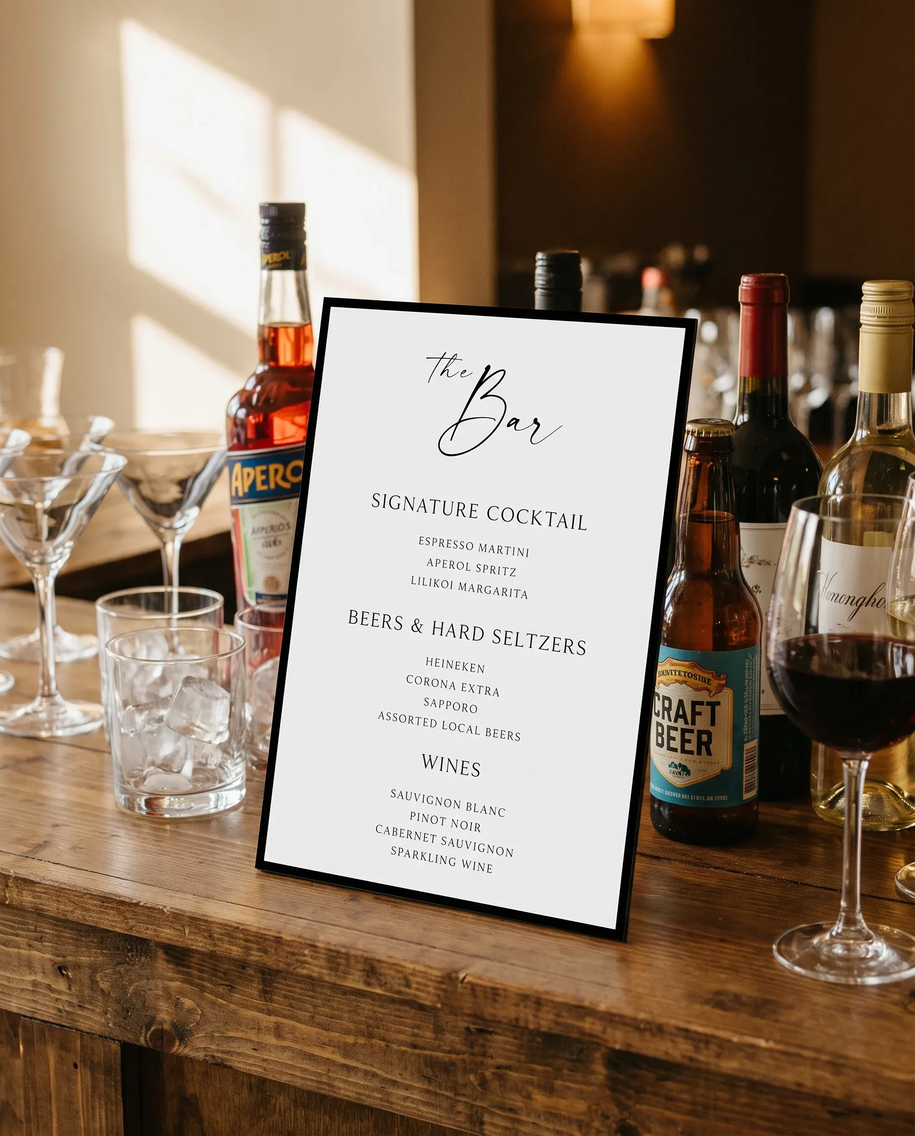 Lumen Frame — Bar Menu page displayed on a drinks station under soft natural light, bar menu template.
