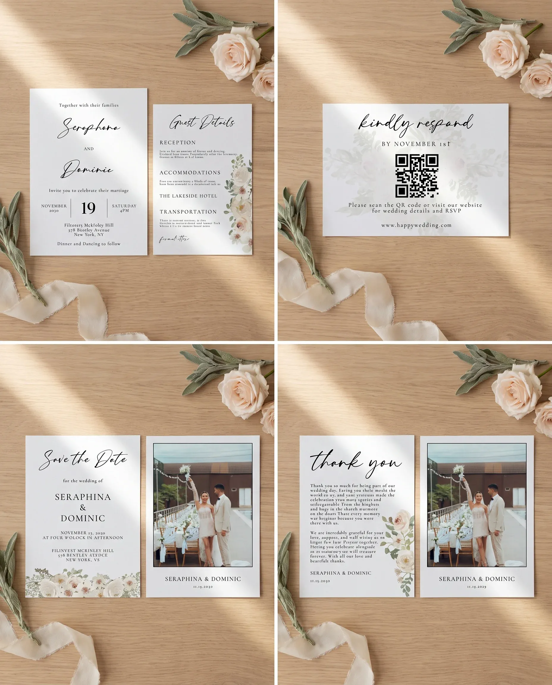 Seraphine wedding invitation set — invitation, details card, RSVP, save the date and thank you card shown in a flat lay, wedding invitation suite.