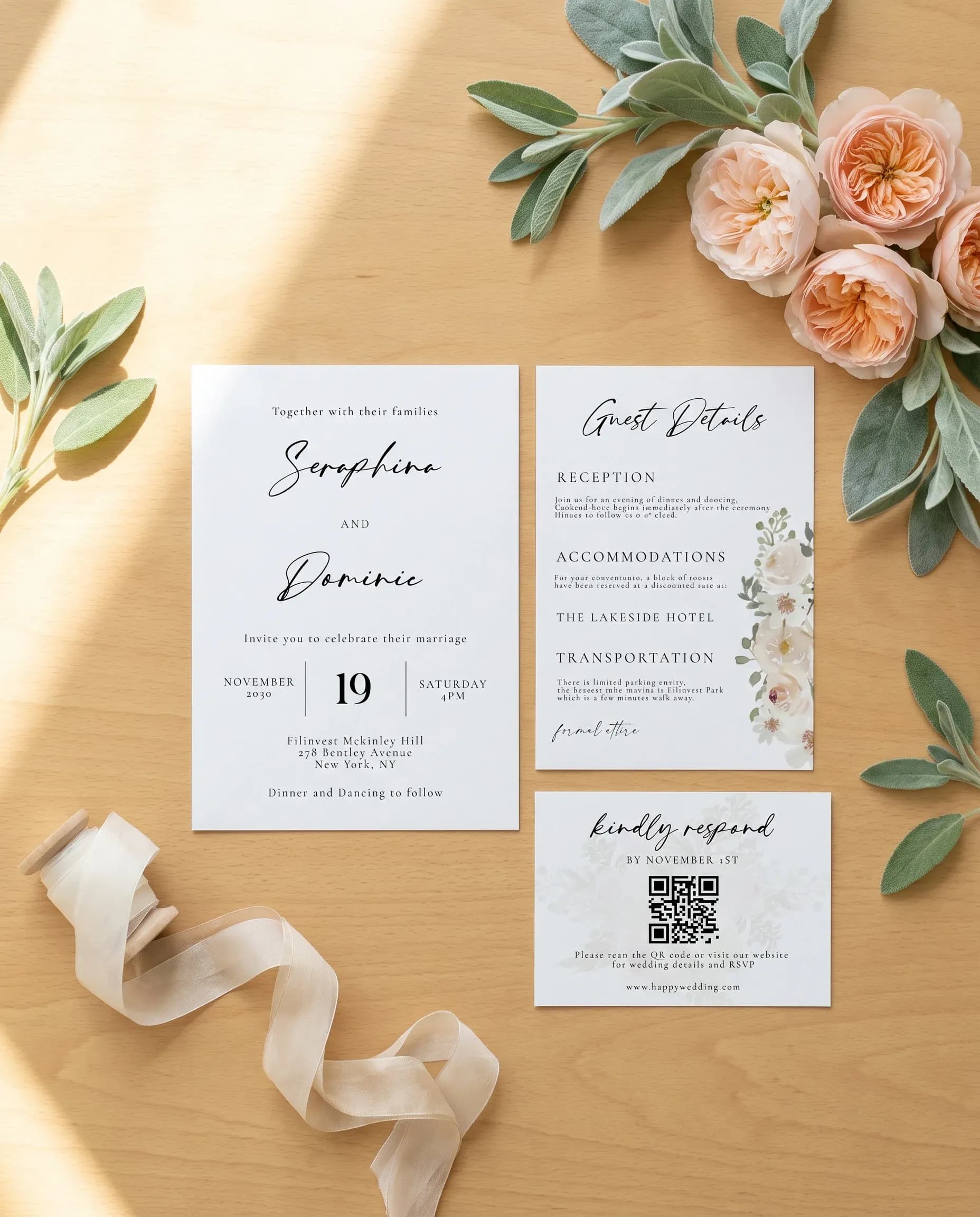 Seraphine wedding invitation set — invitation, details card and RSVP shown in a flat lay, printable wedding invitations.