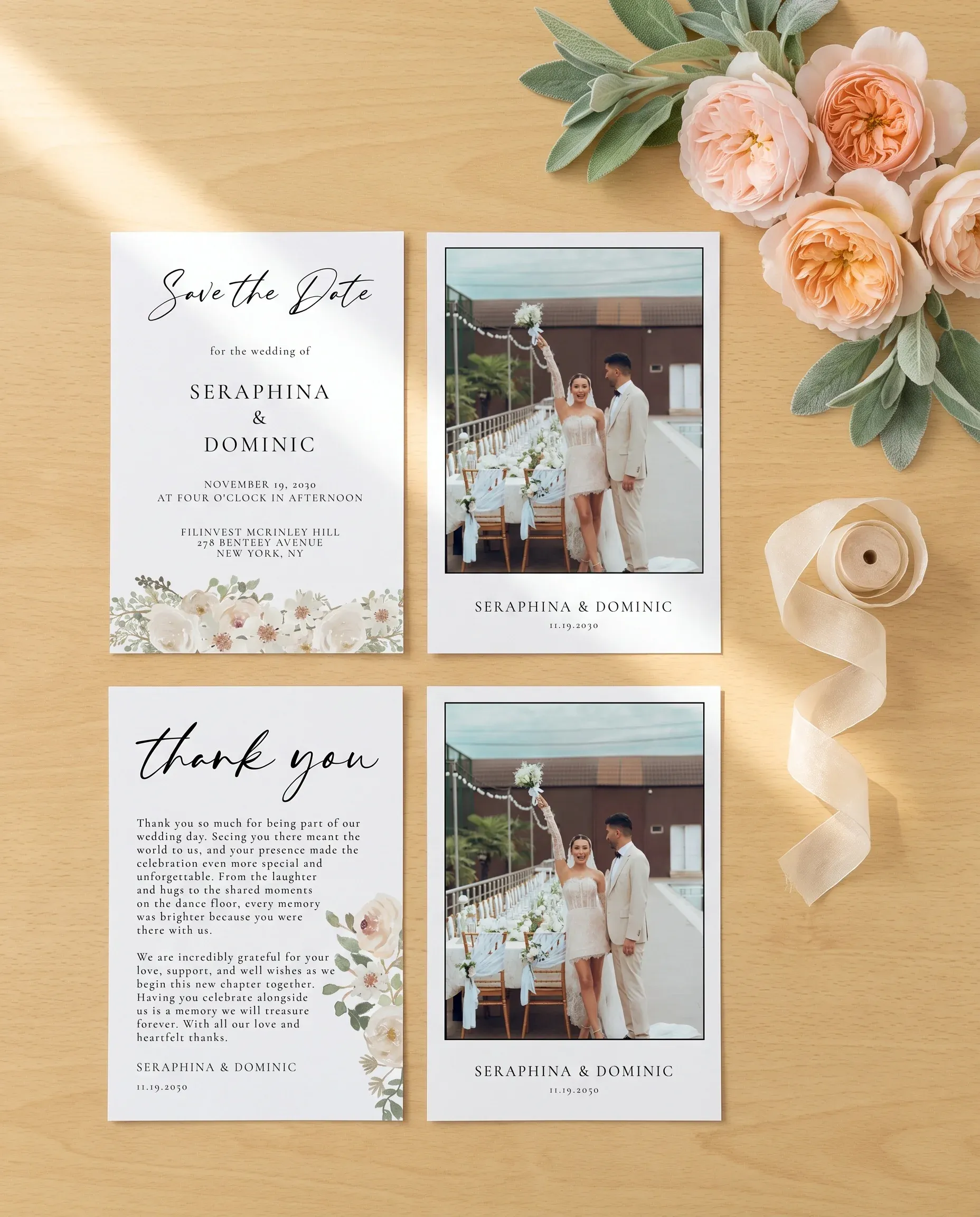 Seraphine wedding invitation set — save the date and thank you card shown in a flat lay, wedding invitation templates.