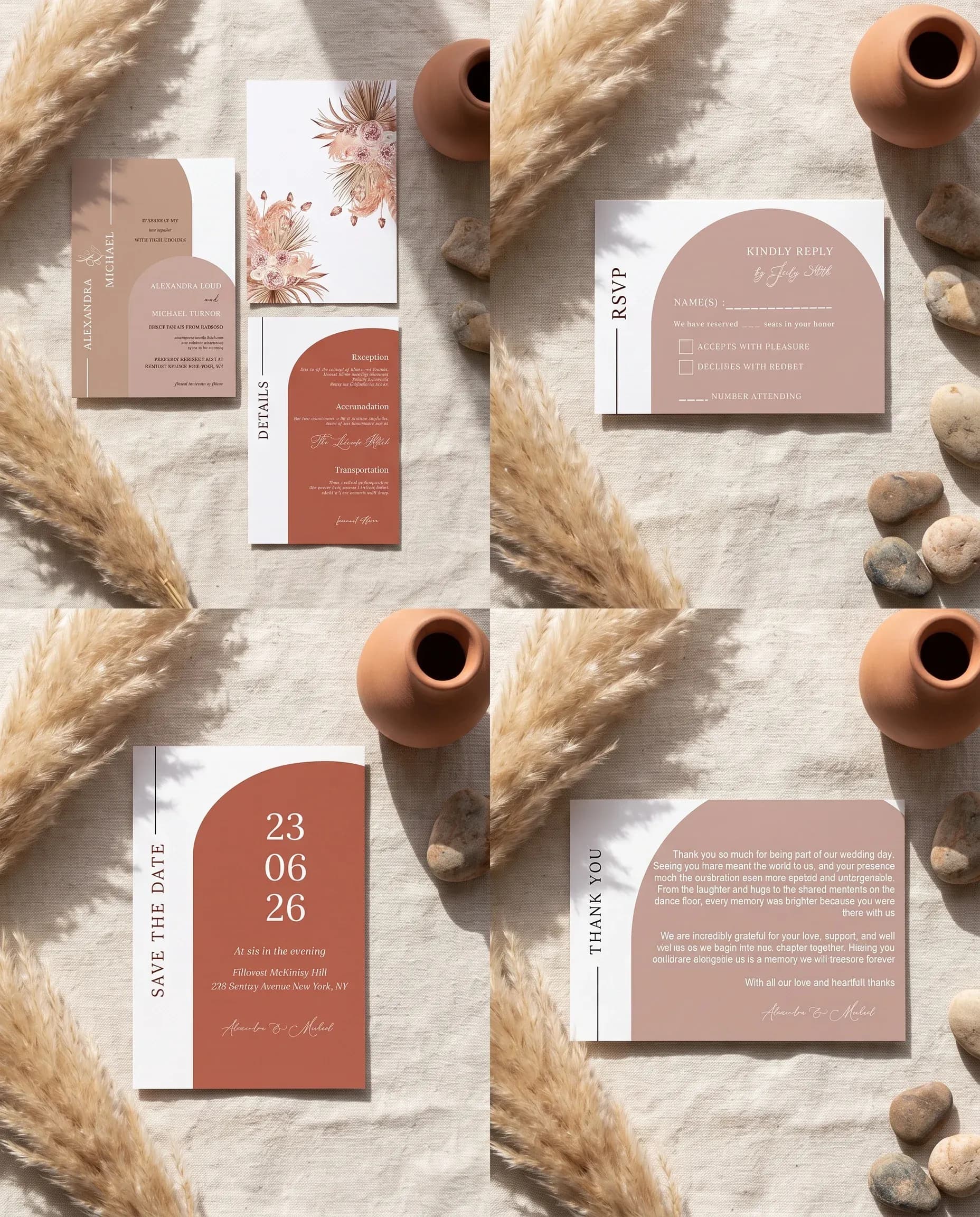 Desert Bloom wedding invitation set — Invitation, details card, RSVP, save the date and thank you card shown in a flat lay, wedding invitation suite