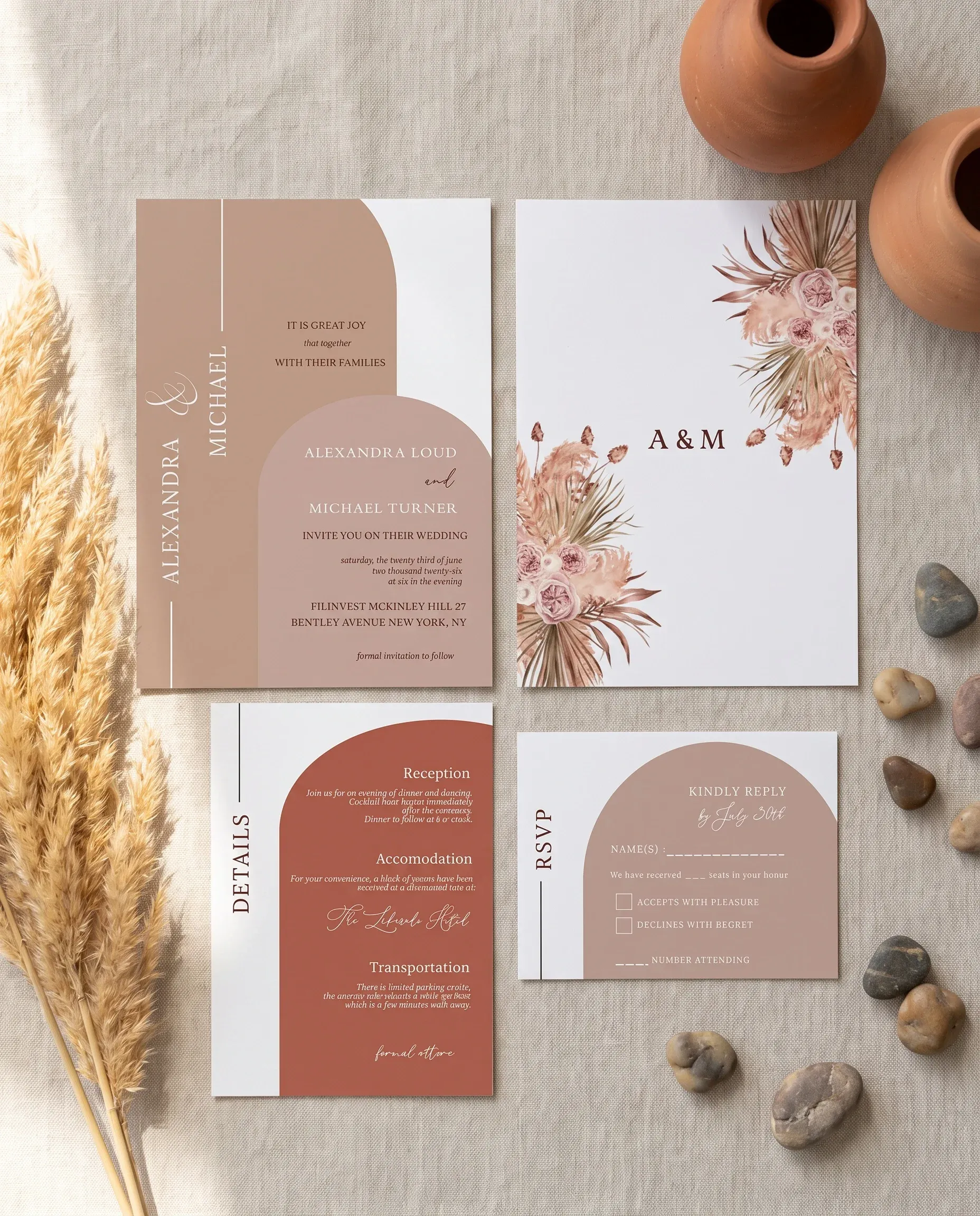 Desert Bloom wedding invitation set — Invitation, details card and RSVP card shown in a flat lay, printable wedding invitations