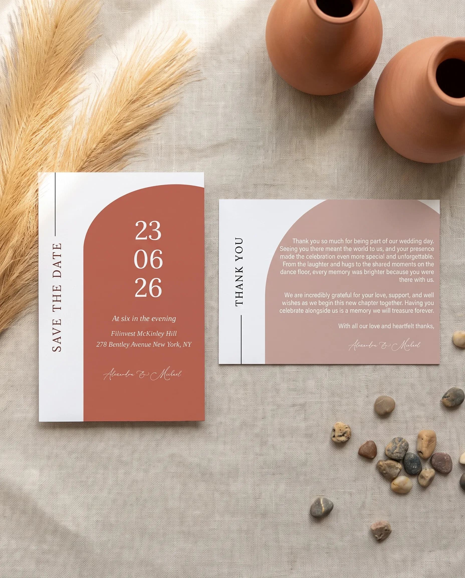 Desert Bloom wedding invitation set — Save the date and thank you card shown in a flat lay, wedding invitation templates