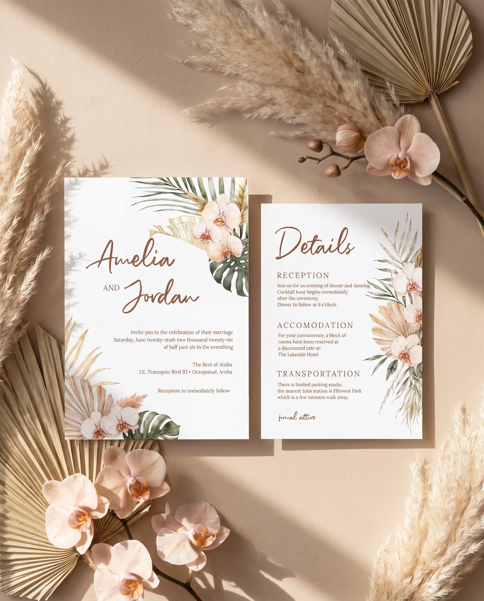 Palm Orchid wedding invitation suite — invitation and details card shown in a flat lay under soft natural light, wedding details card.
