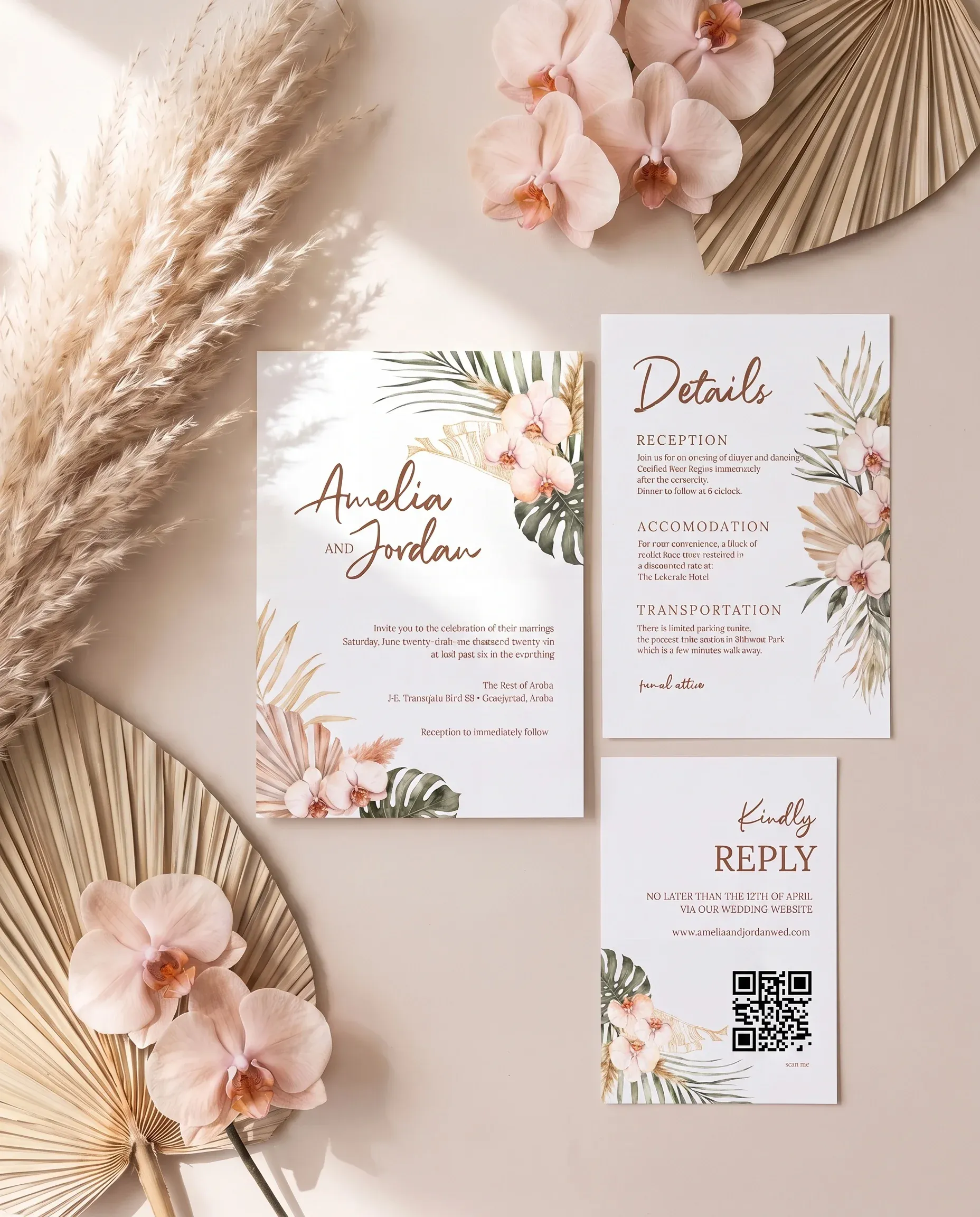 Palm Orchid wedding invitation suite — invitation, details card and RSVP shown in a flat lay under soft natural light, wedding invitation templates.