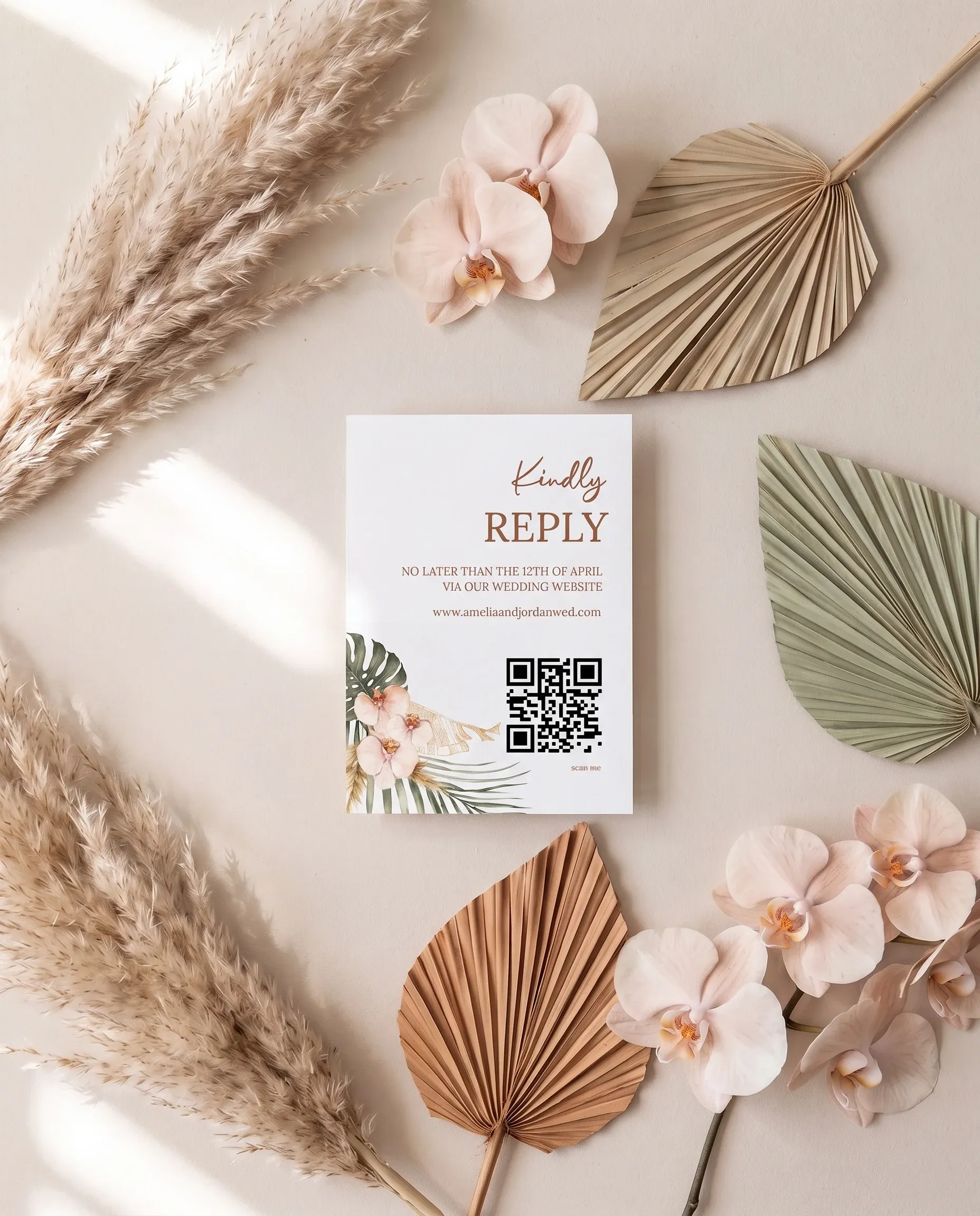 Palm Orchid wedding invitation suite — RSVP card shown in a flat lay, wedding RSVP cards.
