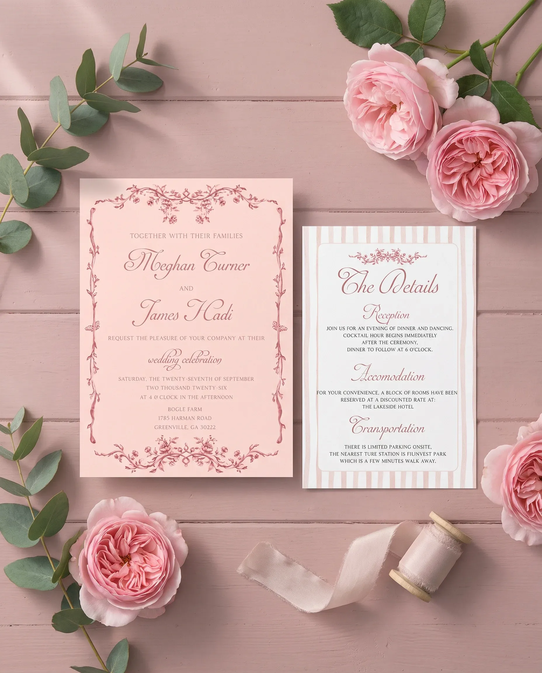Rosewood Trellis wedding invitation suite — invitation and details card arranged together in a flat lay, wedding details card.