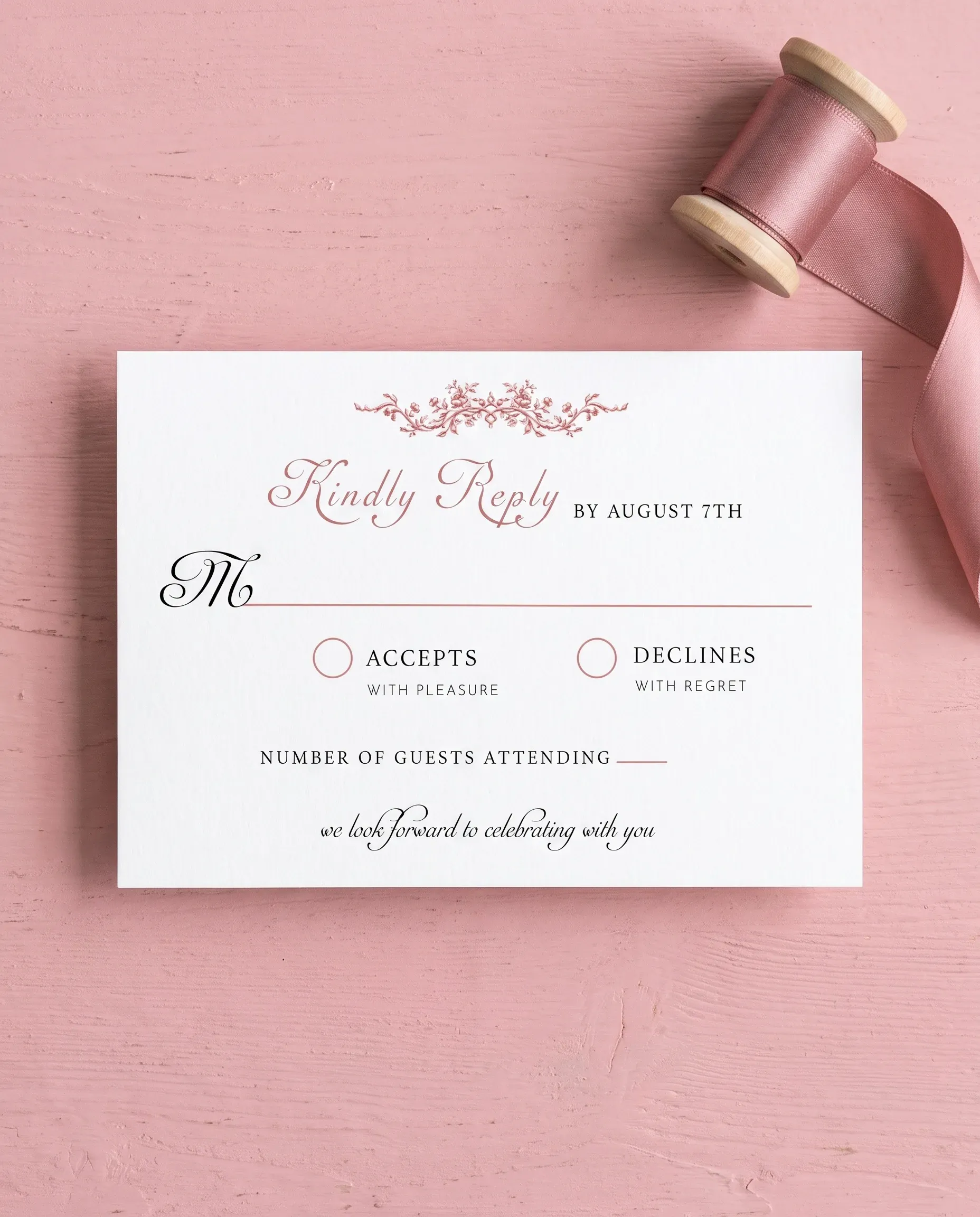 Rosewood Trellis wedding invitation suite — RSVP card shown in a flat lay, wedding RSVP cards.
