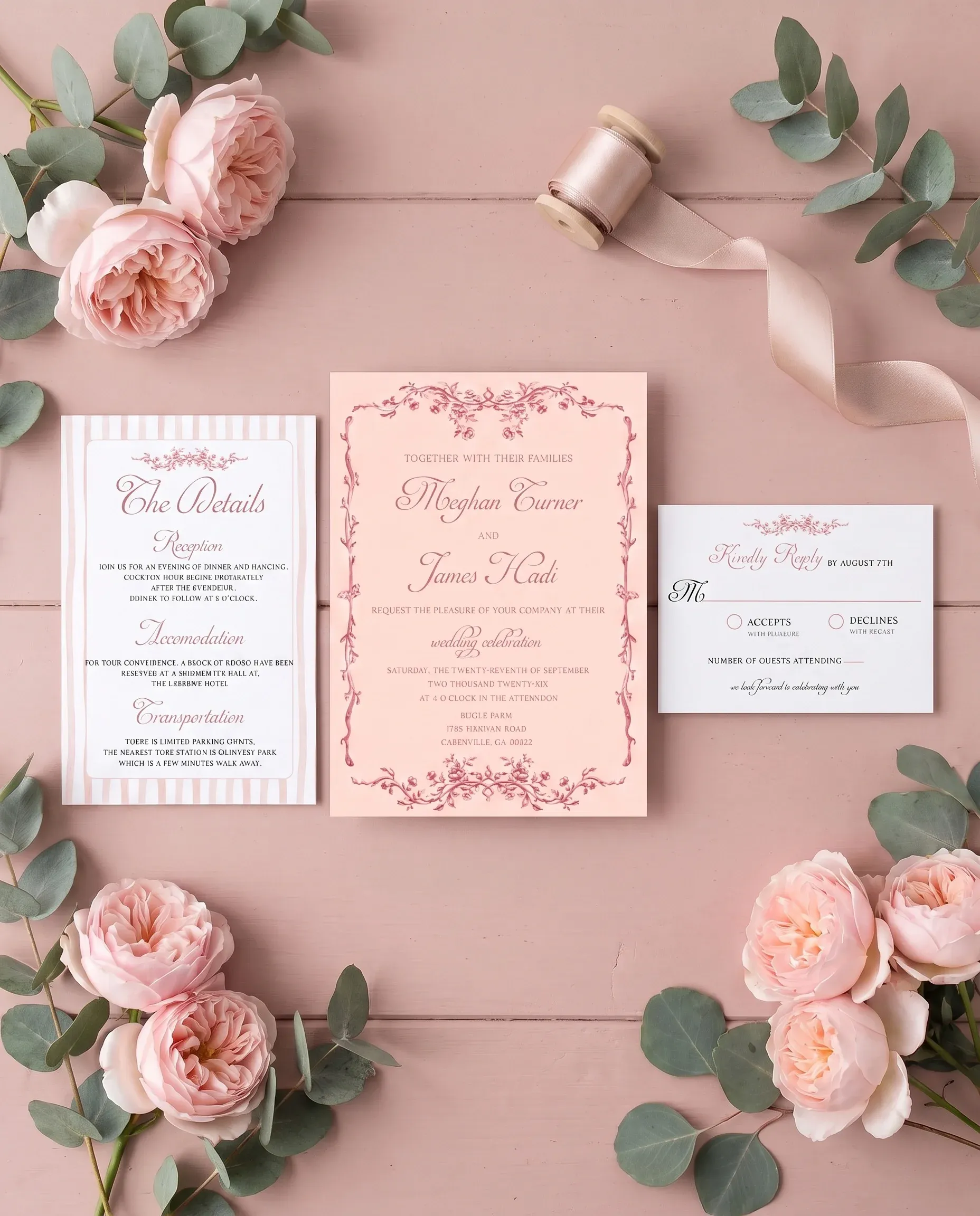 Rosewood Trellis wedding invitation suite — invitation, details card and RSVP shown in a flat lay, wedding invitation templates.