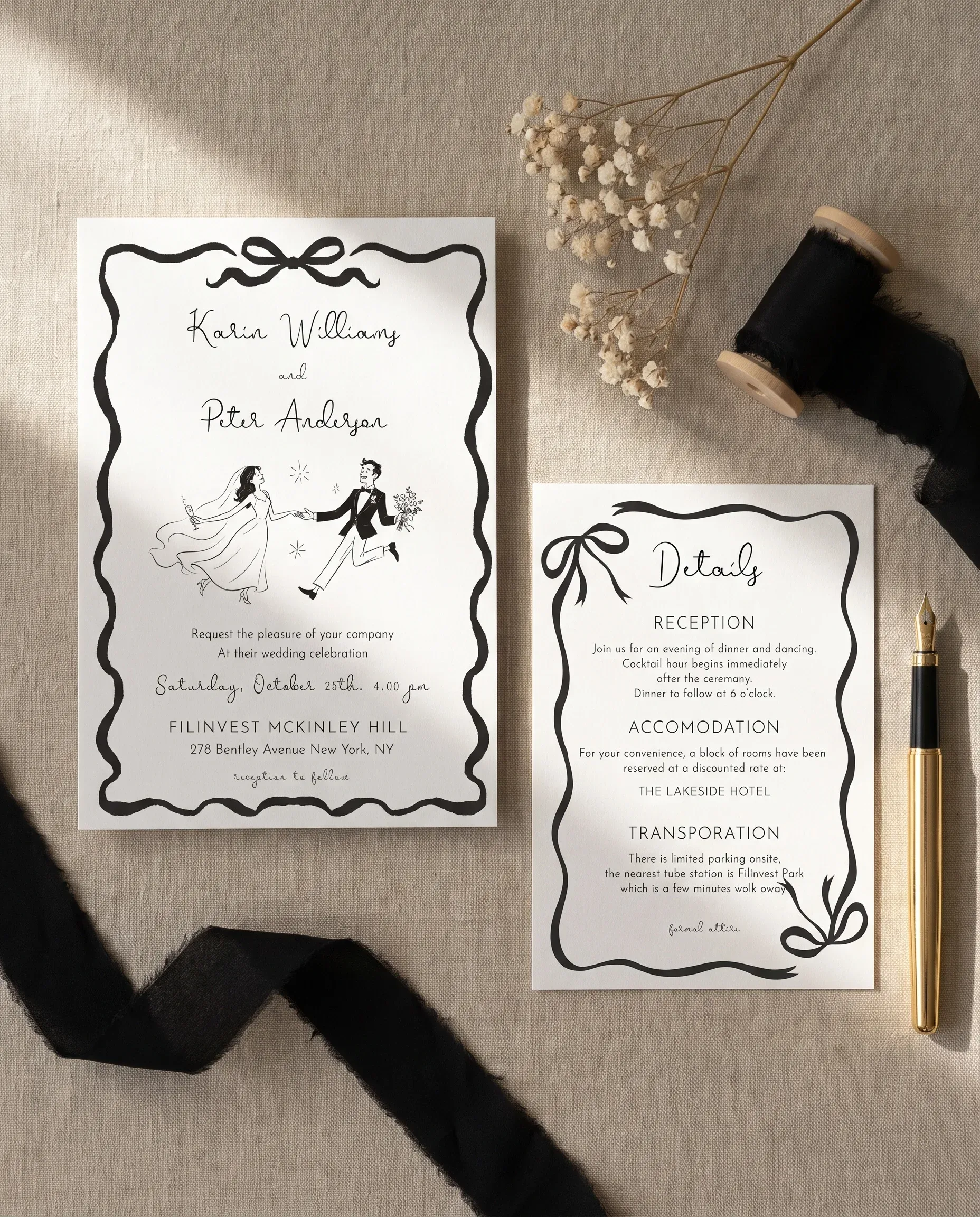 Sketchbook Bow wedding invitation suite — invitation and details card arranged together in a flat lay, wedding details card.