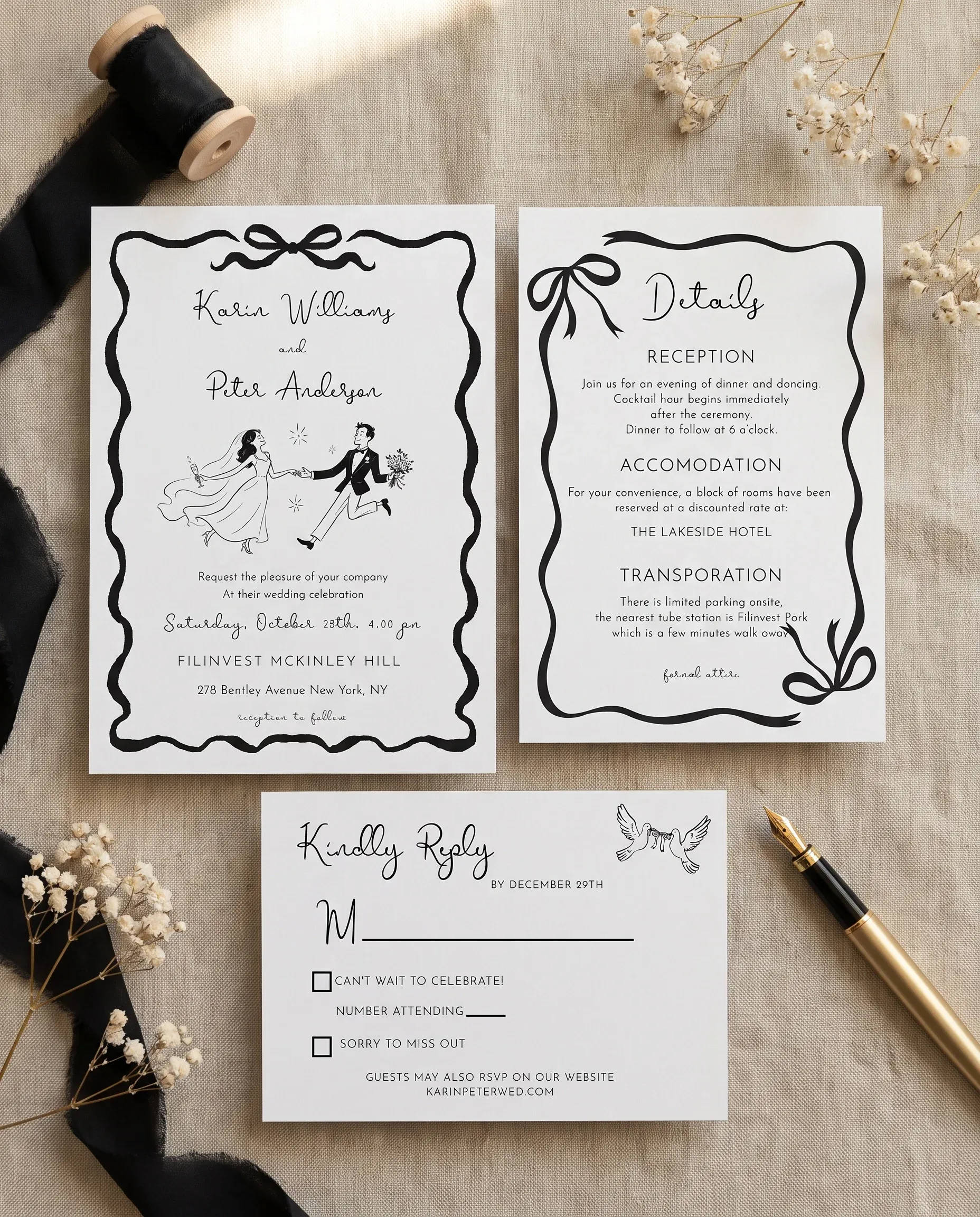 Sketchbook Bow wedding invitation suite — invitation, details card and RSVP shown in a flat lay under soft natural light, wedding invitation templates