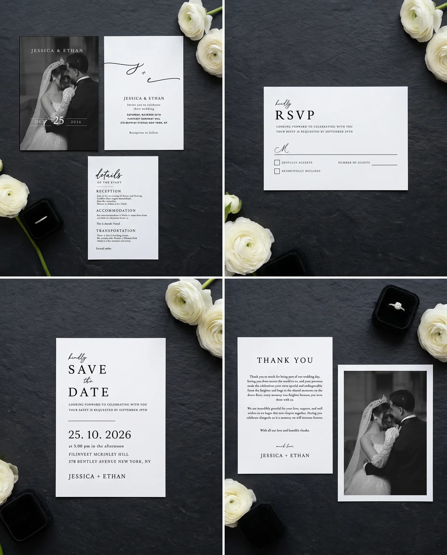 Monochrome wedding invitation set — invitation, details card, RSVP, save the date and thank you card shown in flat lay, wedding invitation suite.
