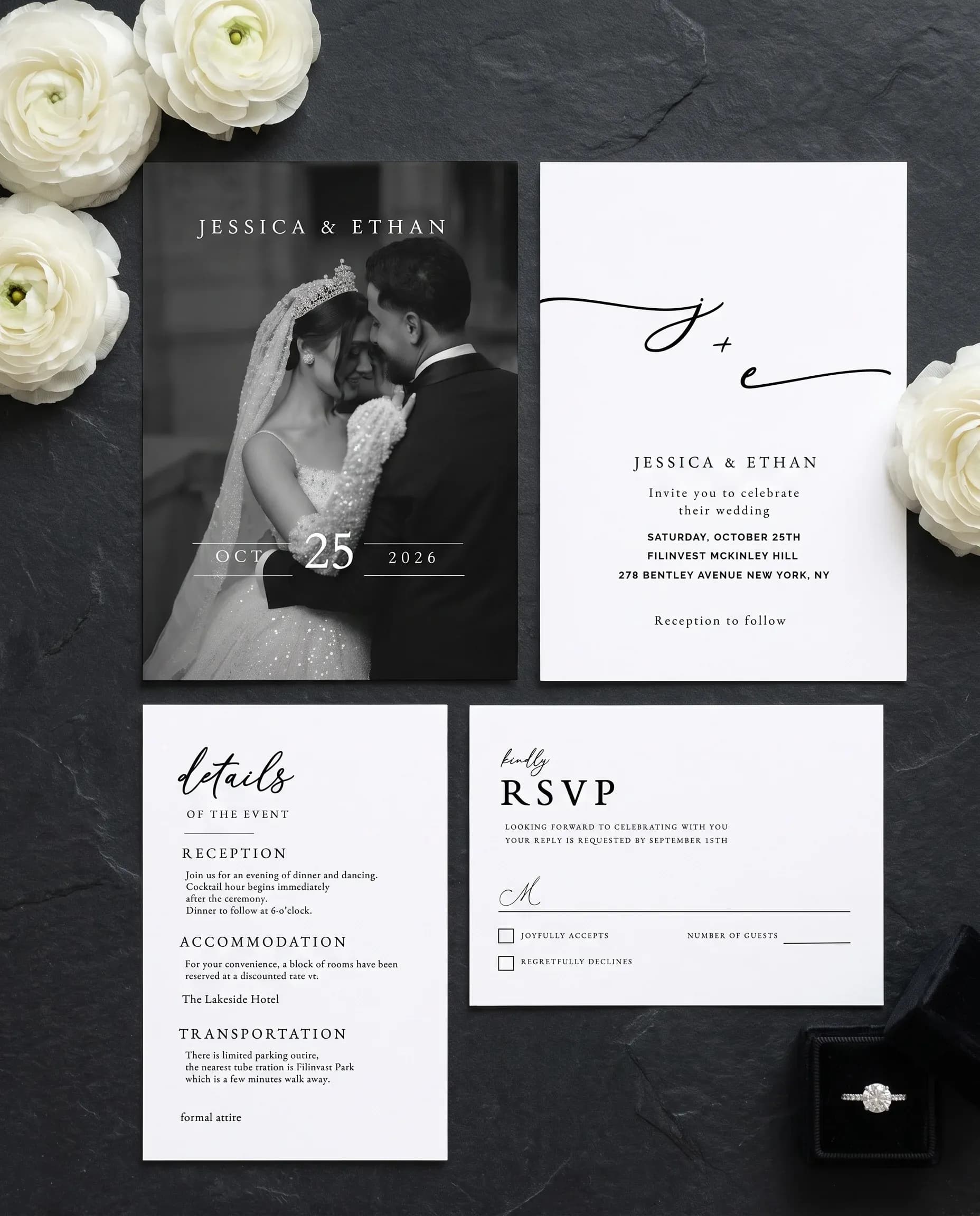 Monochrome Veil wedding invitation set — invitation, details card and RSVP shown in a flat lay, printable wedding invitations.