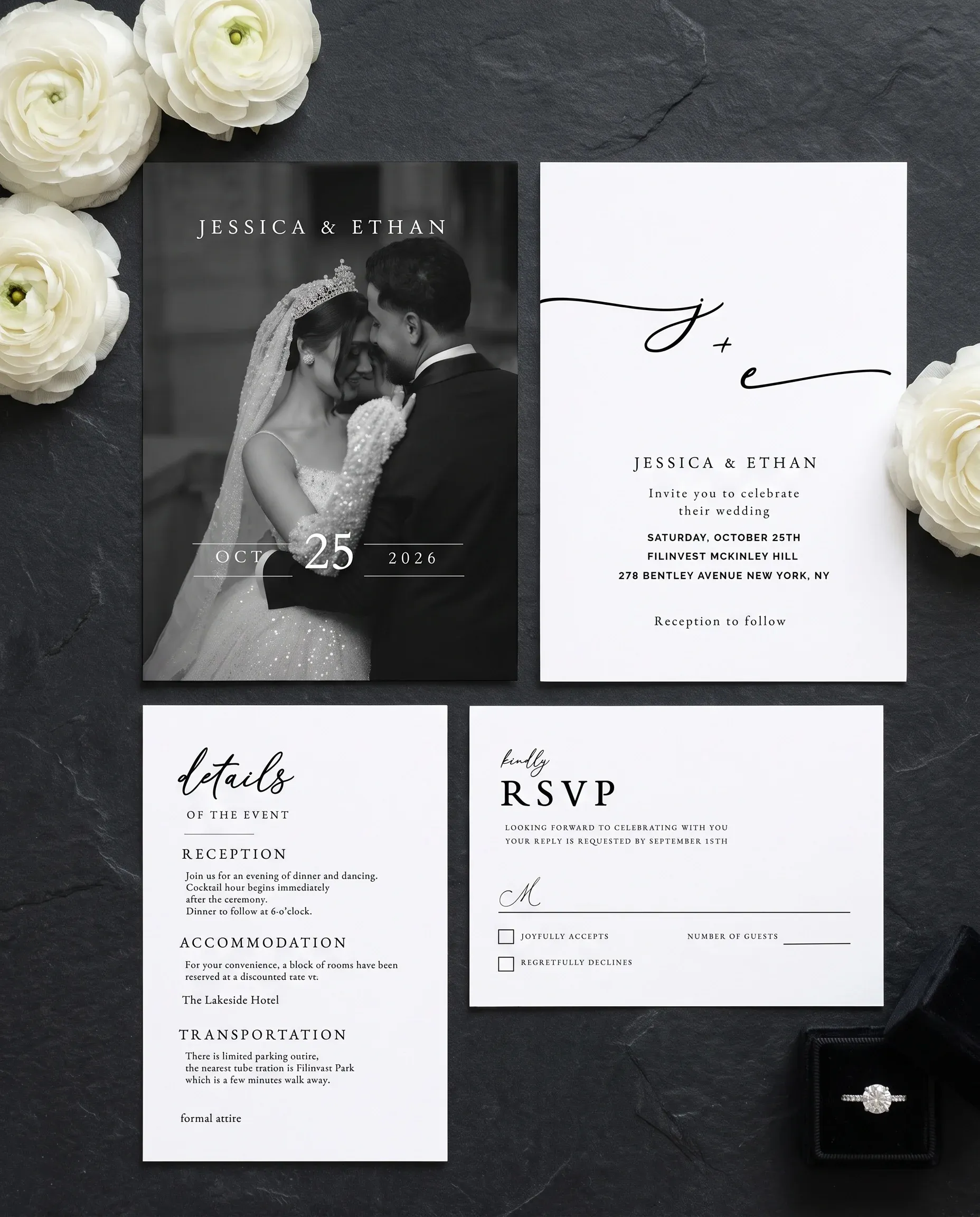 Monochrome Veil wedding invitation set — invitation, details card and RSVP shown in a flat lay, printable wedding invitations.