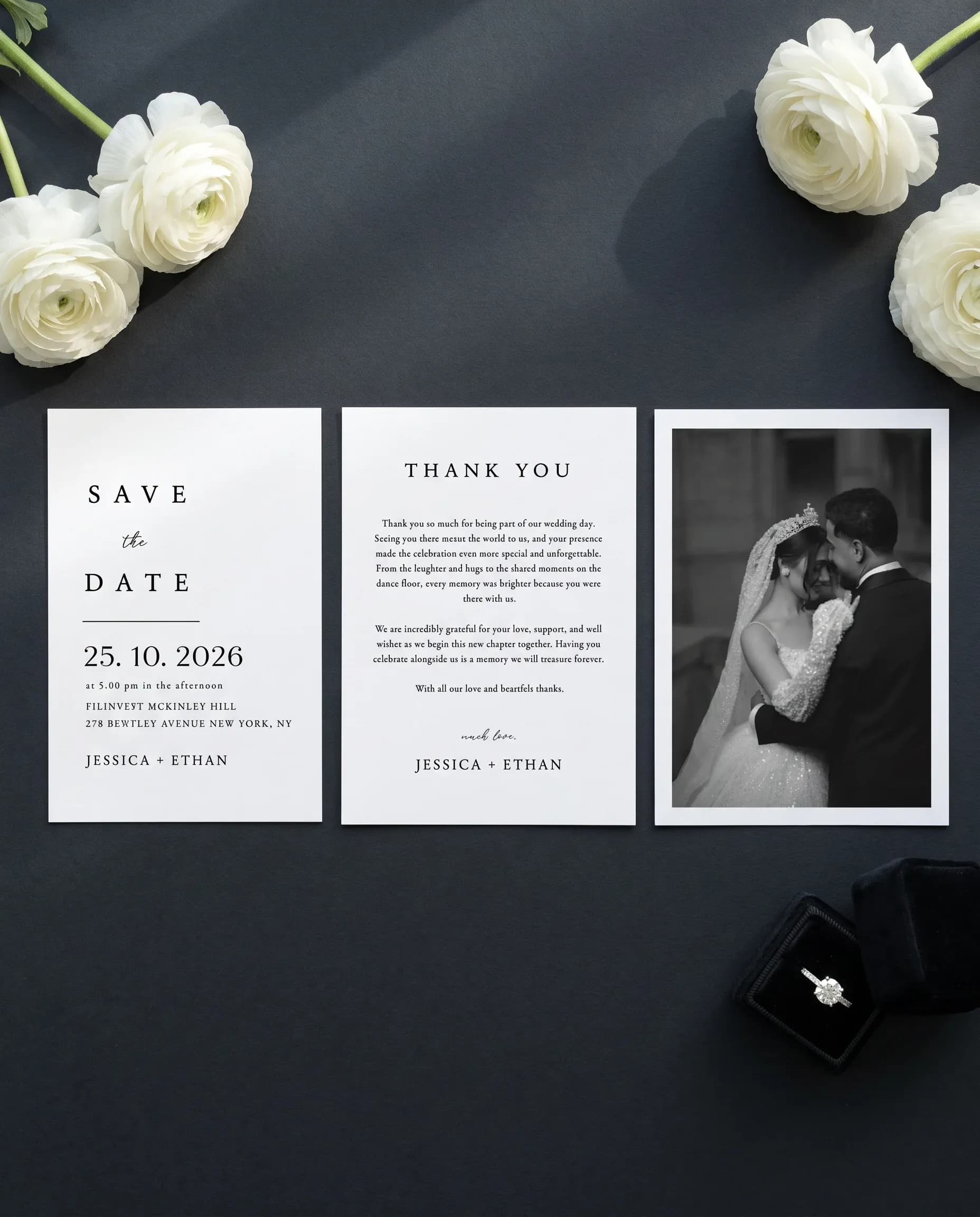 Monochrome Veil wedding invitation set — save the date and thank you card shown in a flat lay, wedding invitation templates.