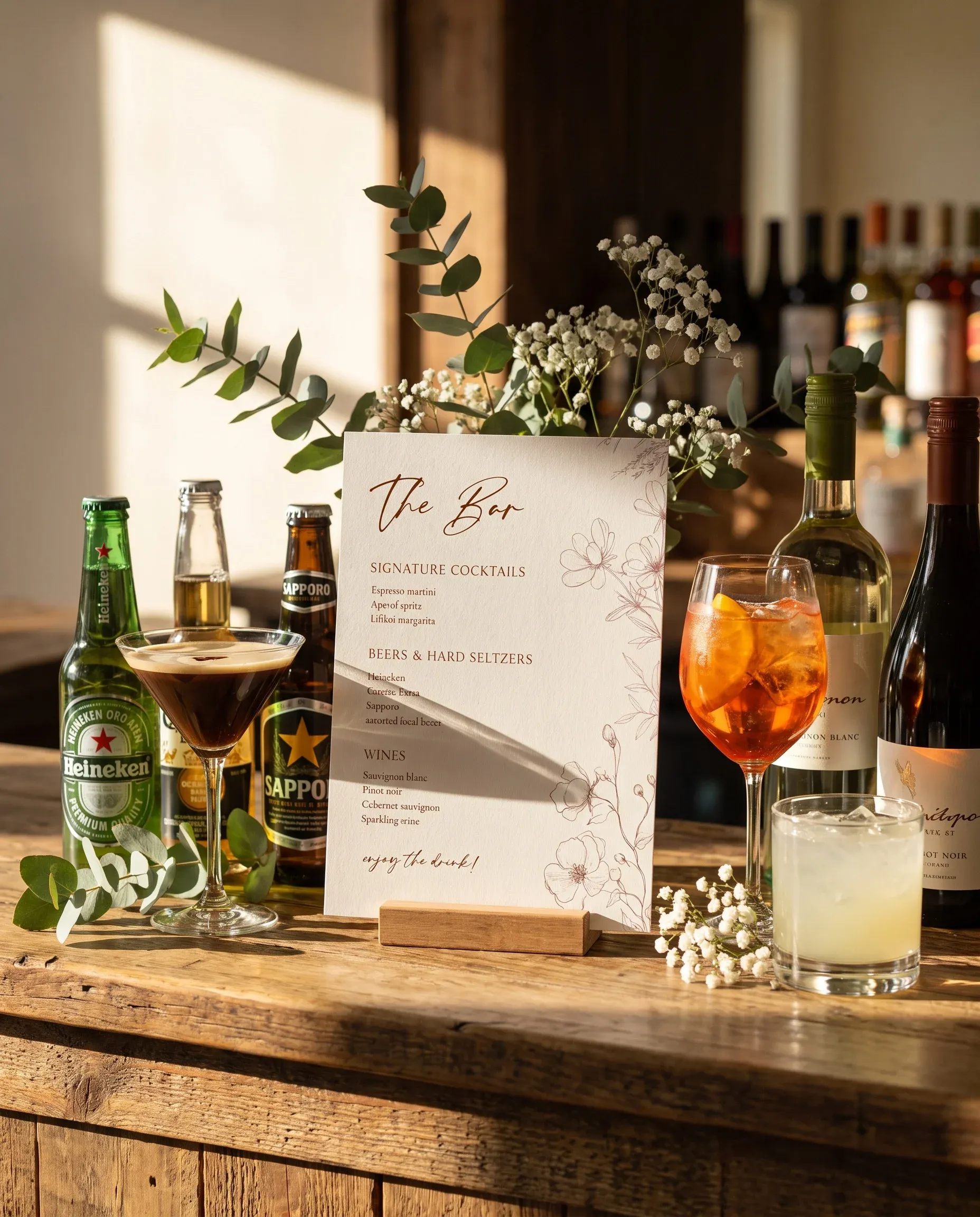 Arrow Bloom — single page bar menu displayed on a drinks station under soft natural light, bar menu template.