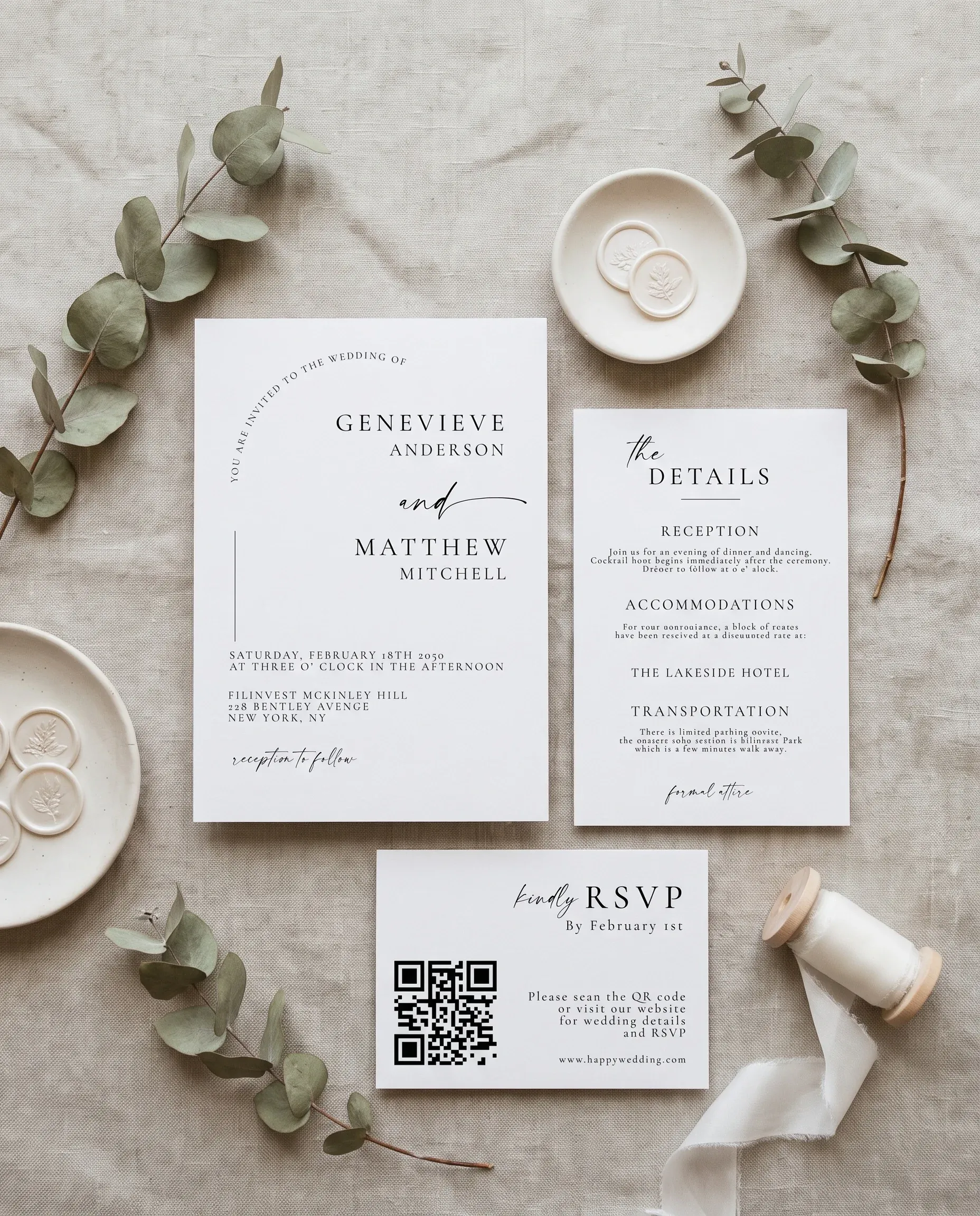 Arcadia wedding invitation set — Invitation, details card and RSVP card shown in a flat lay, printable wedding invitations