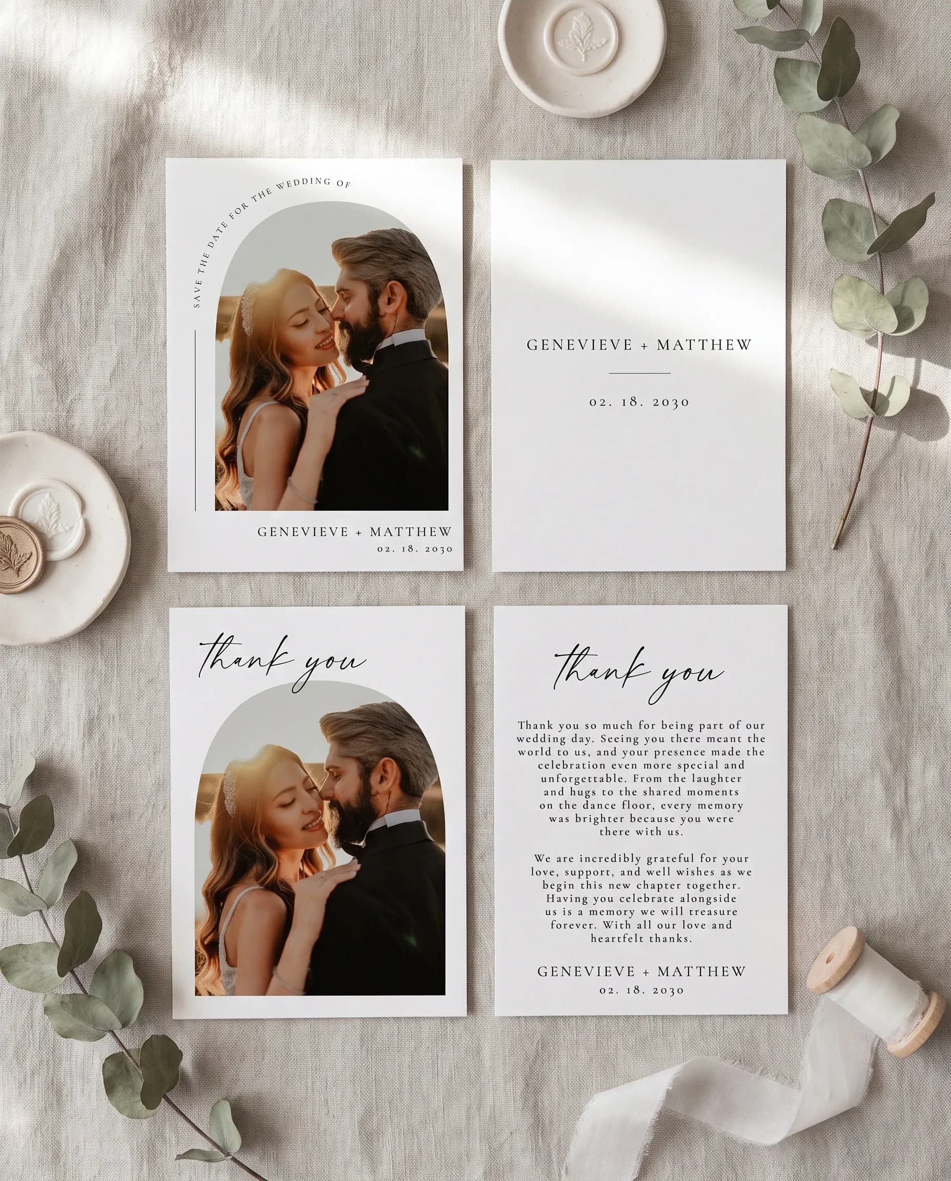 Arcadia wedding invitation set — Save the date and thank you card shown in a flat lay, wedding invitation templates