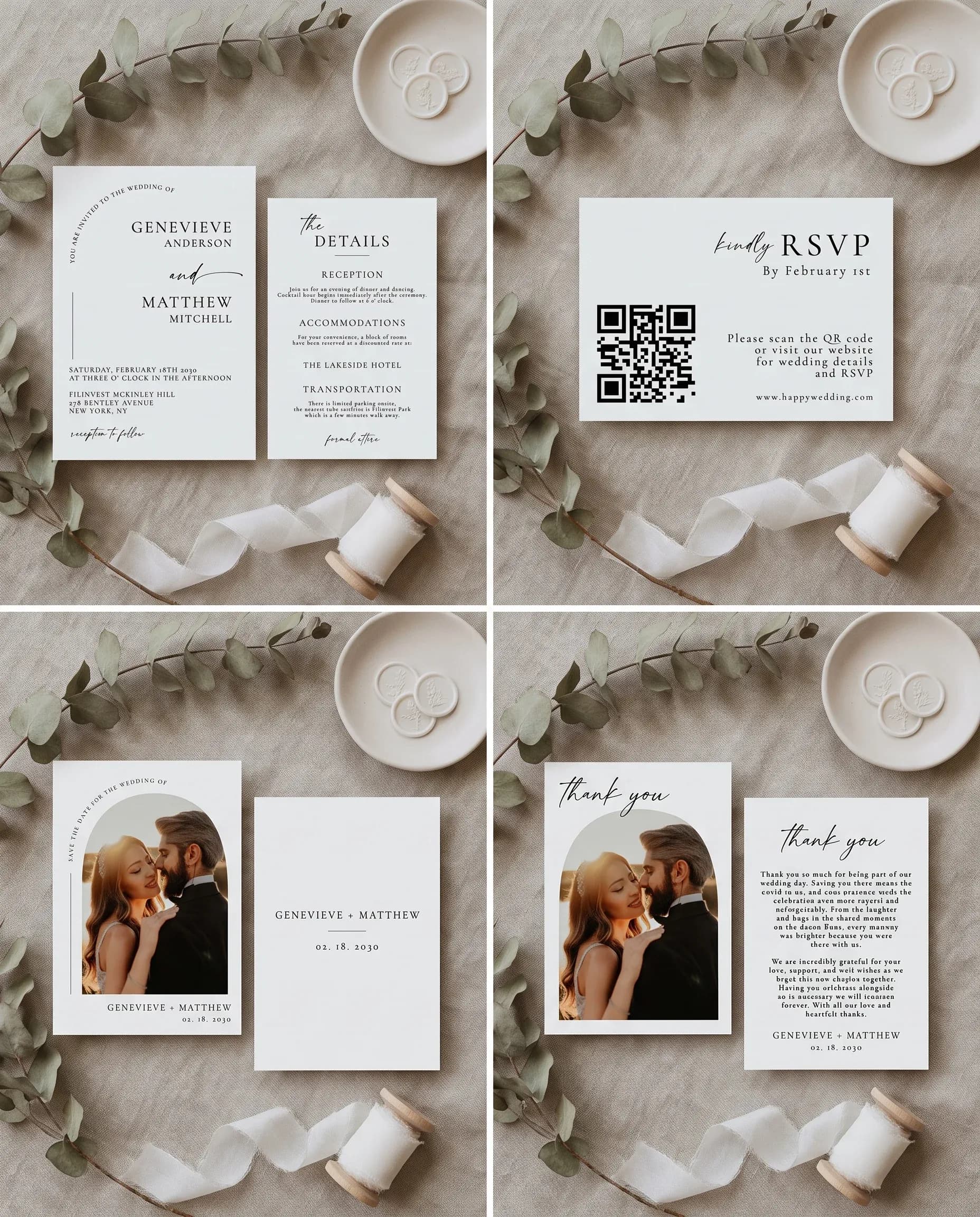 Arcadia wedding invitation set — Invitation, details card, RSVP, save the date and thank you card shown in a flat lay, wedding invitation suite