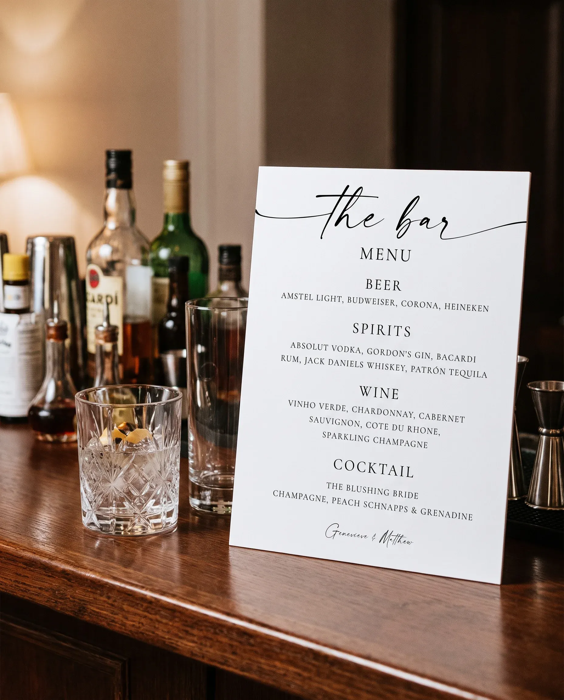 Arcadia — bar menu page displayed on a drinks station under soft natural light with a slight overhead angle, bar menu template