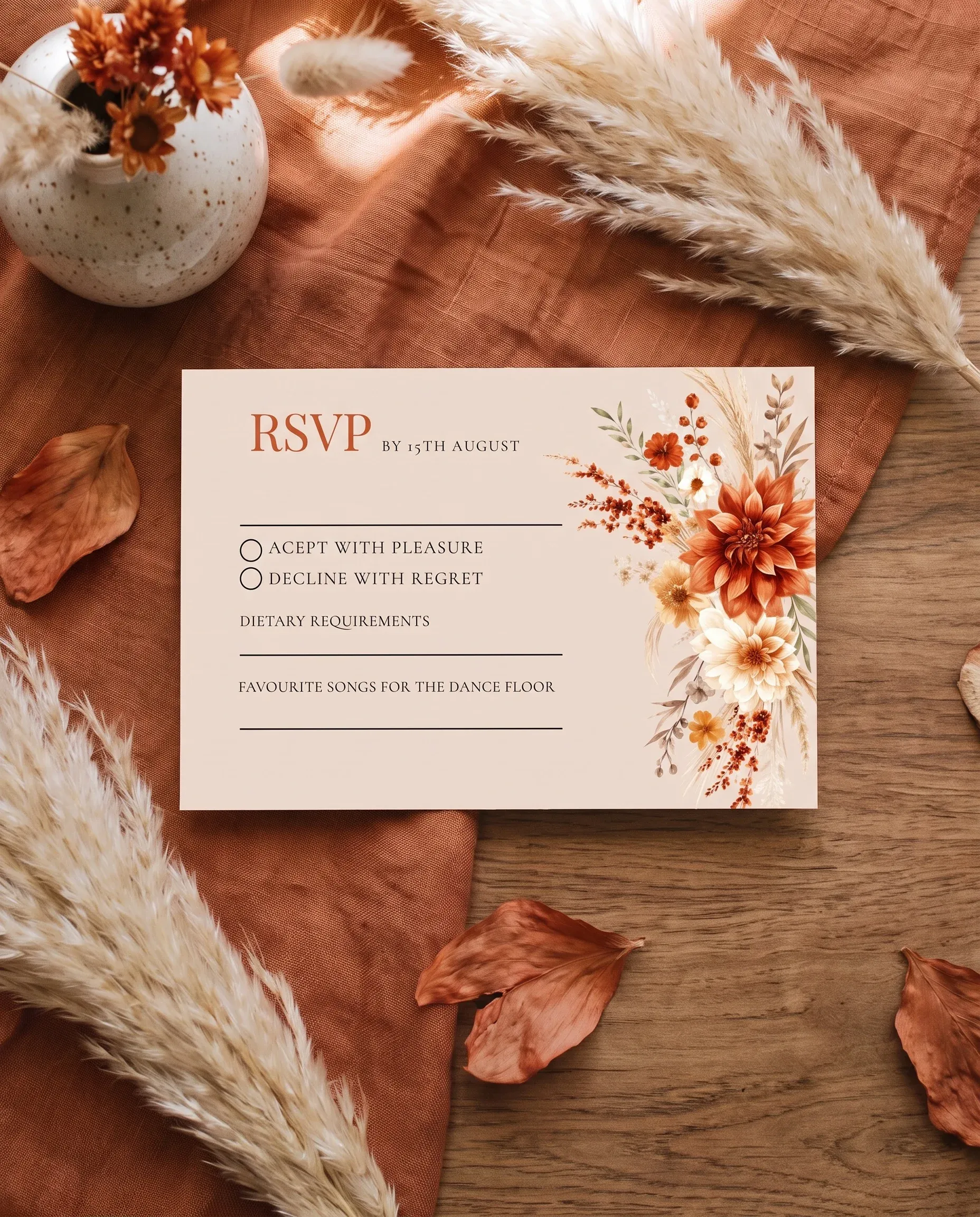 Dahlia Ember wedding invitation suite — RSVP card shown in a flat lay, wedding RSVP cards.