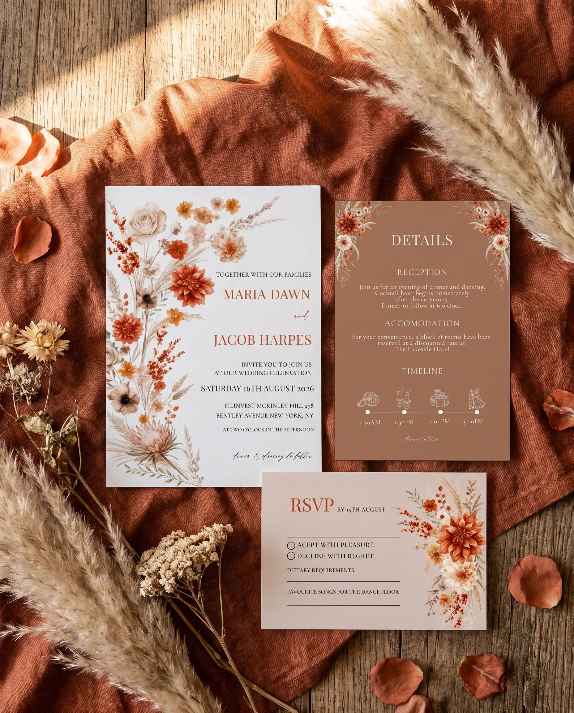 Dahlia Ember wedding invitation suite — invitation, details card and RSVP shown in a flat lay under soft overhead light, wedding invitation templates