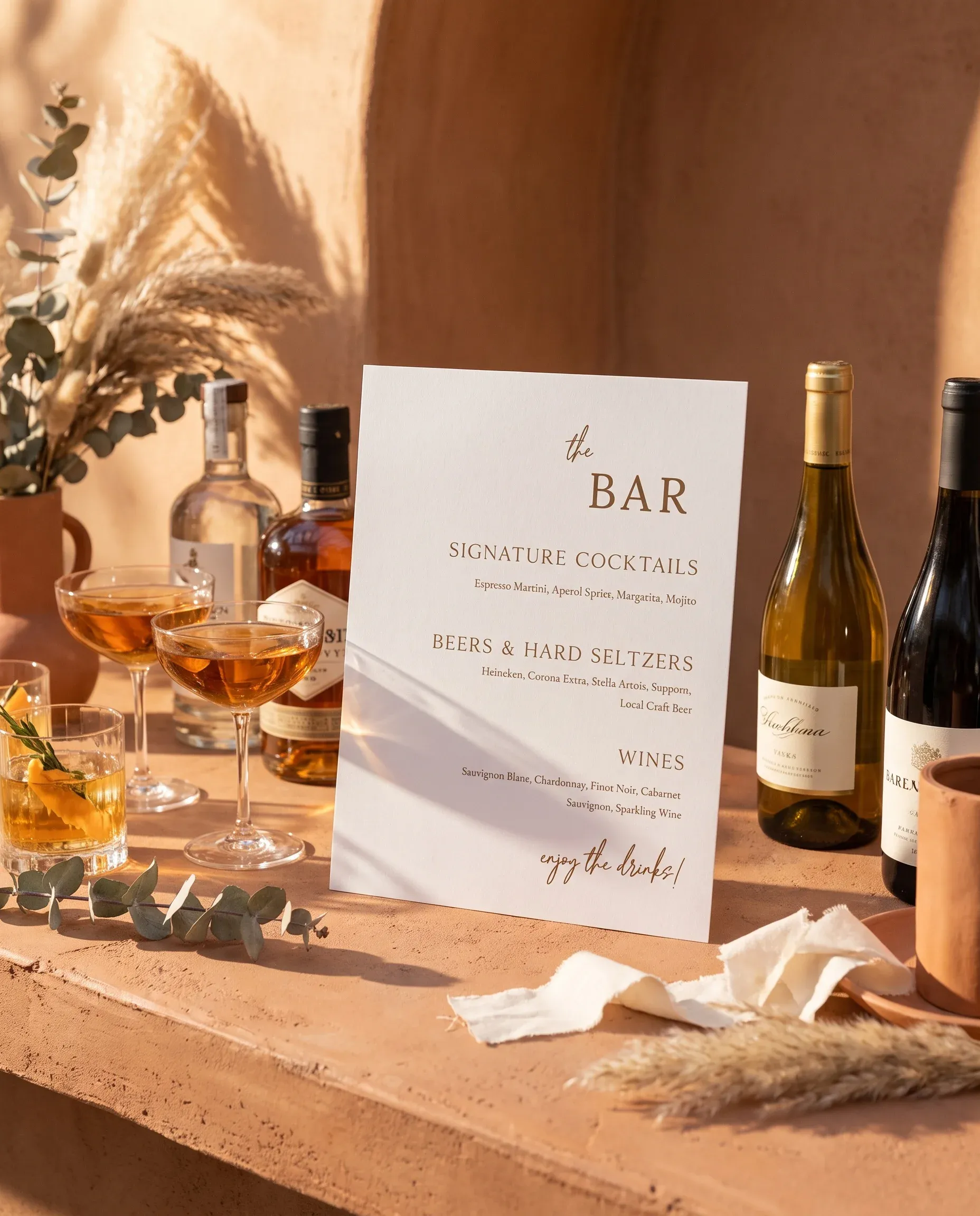 Briar Script — bar menu displayed on a drinks station under soft natural light with a slight overhead angle, bar menu template